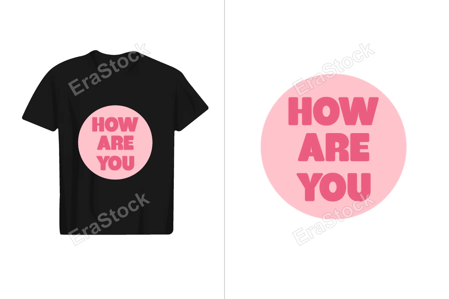 A black t-shirt design featuring a pink circular graphic with bold pink text that reads "How Are You"