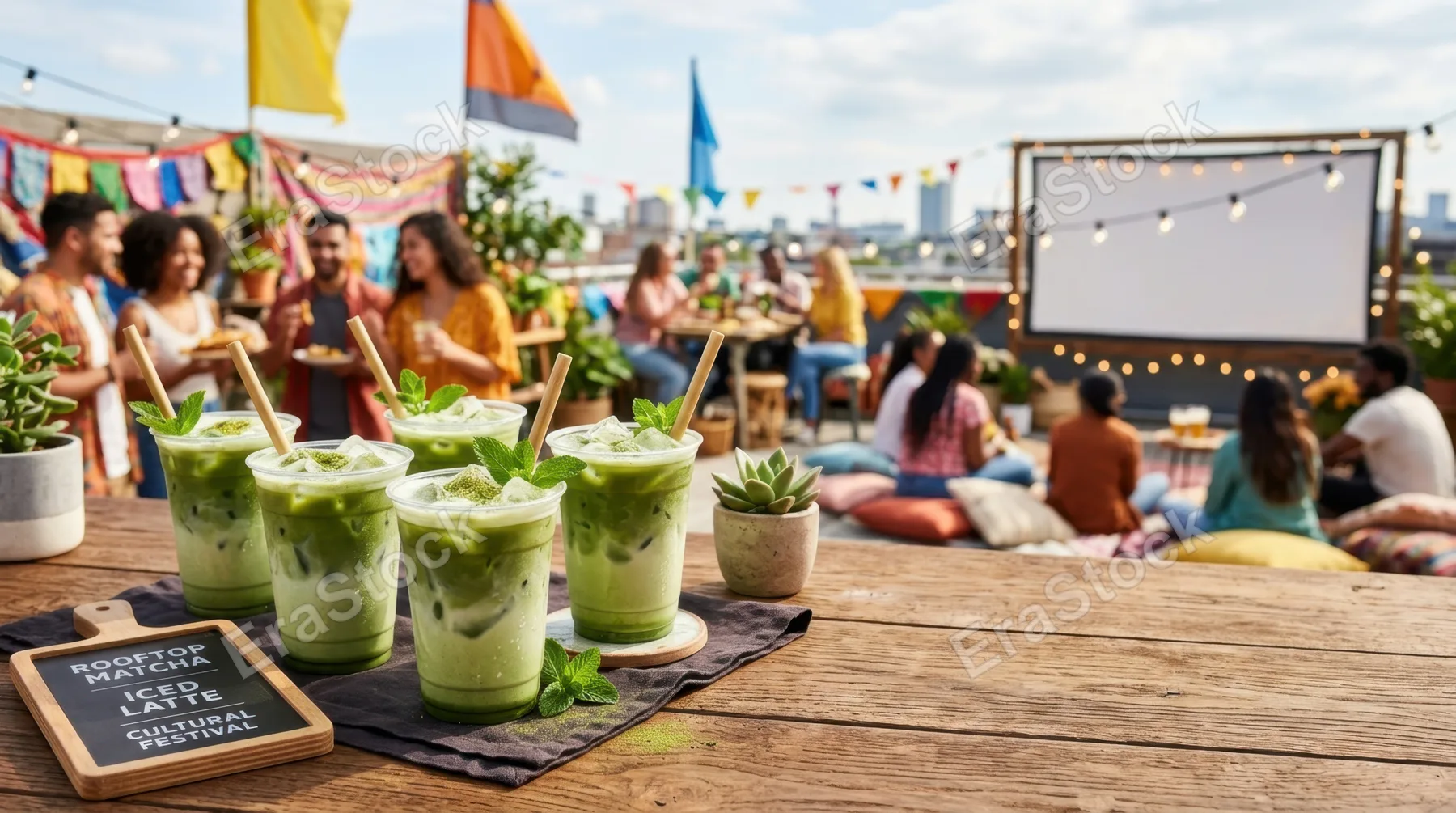 a bold commercial composition frames a rustic brown table with several iced matcha cups as the primary focus, surrounded by vibrant colors celebrating a rooftop cultural