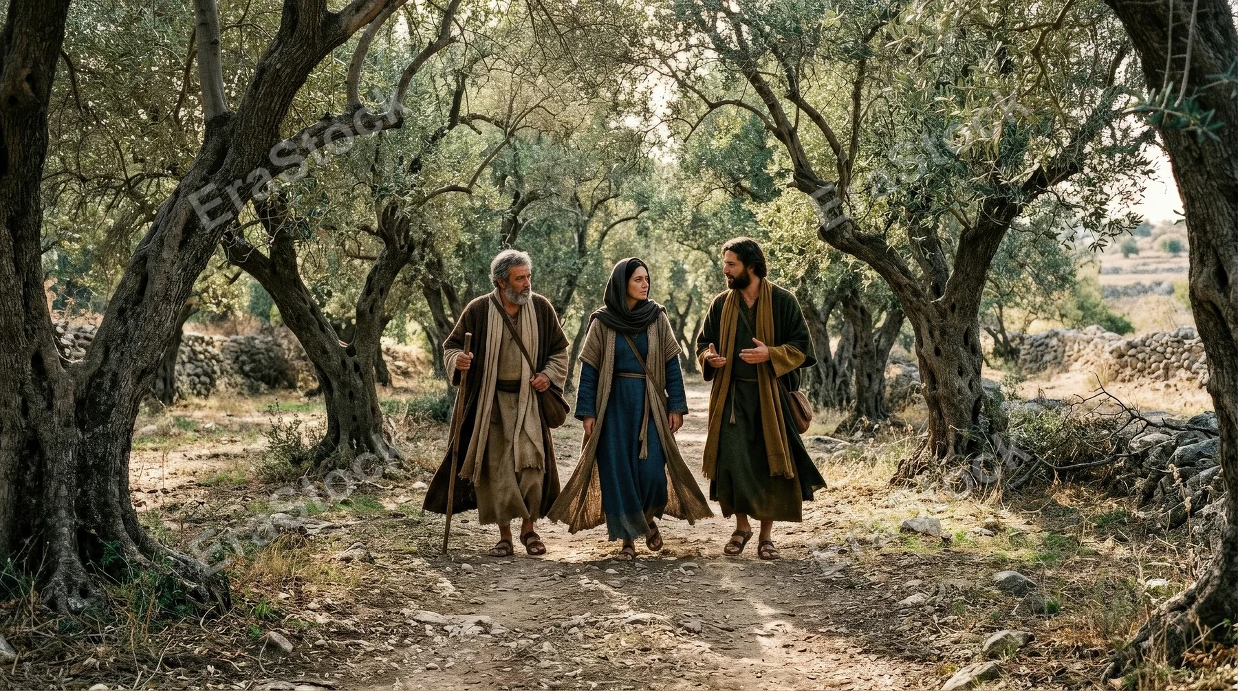 Men and a woman walking together in an olive grove, ancient robes brushing the path, dappled light through twisted branches and quiet conversation, contemplative biblical mood, ultra-realistic, no