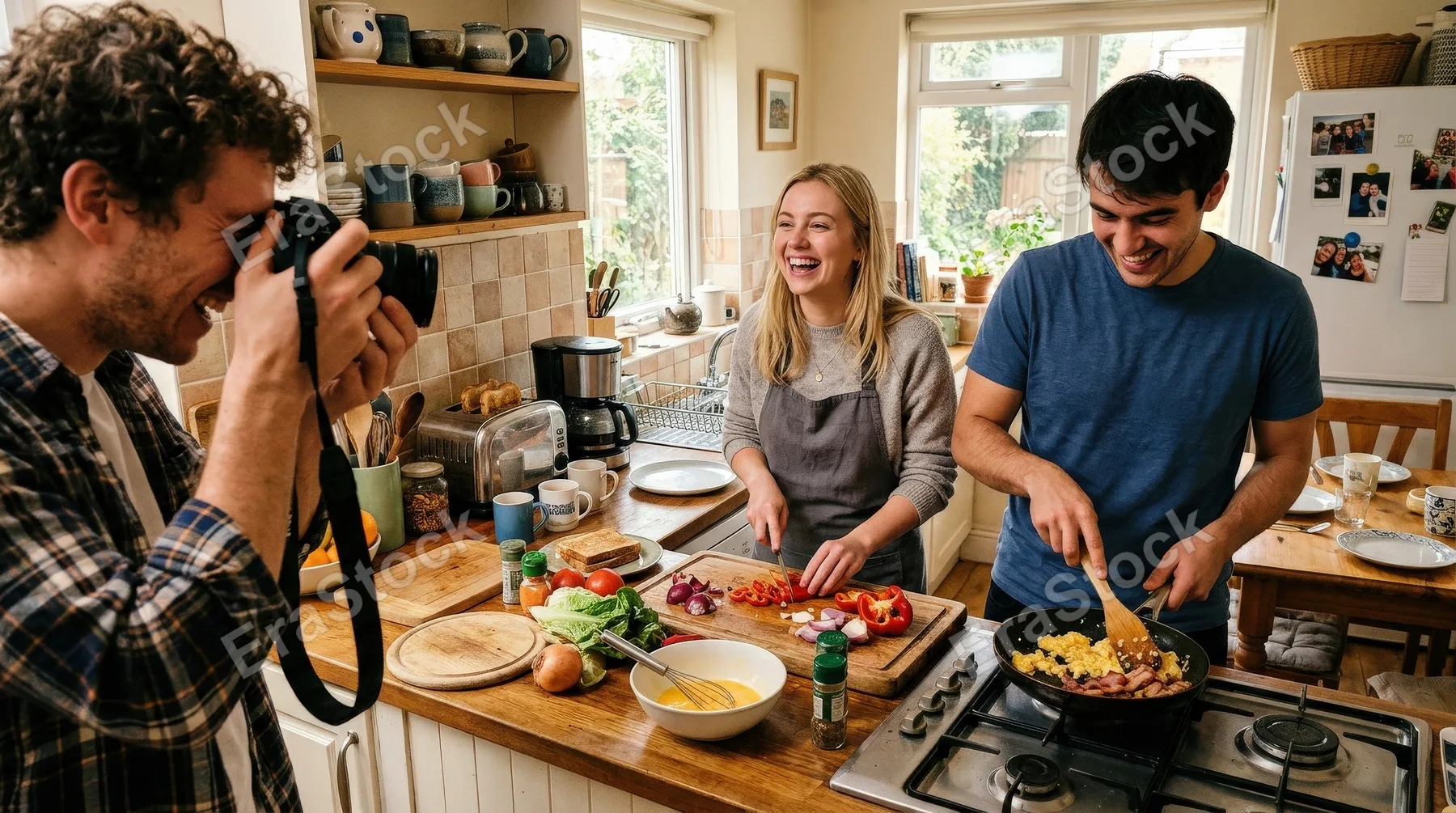 A young man taking a picture of his roommates making breakfast in the kitchen, candid laughter, food prep details and warm shared-home atmosphere, ultra-realistic, no logos.
