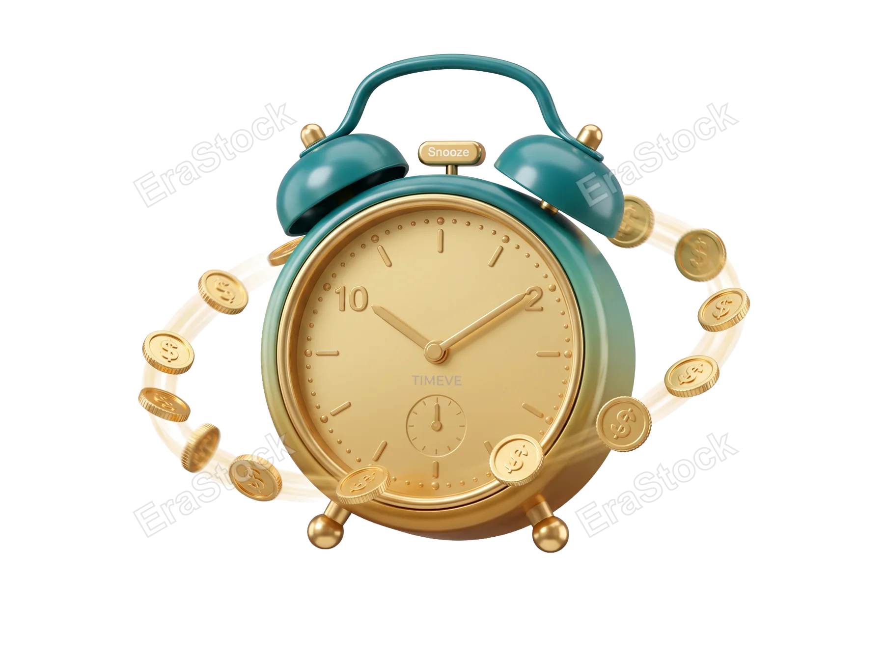 A vintage-style alarm clock with a teal and gold finish, surrounded by orbiting gold coins, representing the concept of time as a valuable asset