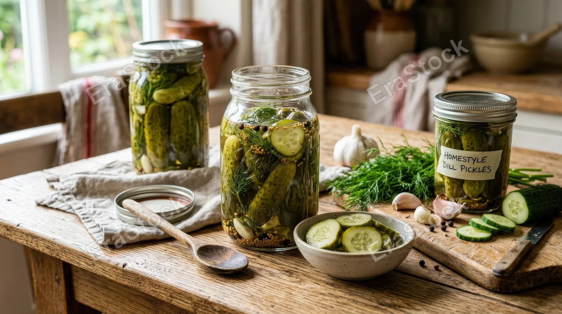 A pickled cucumber arrangement with jars, sliced pickles, dill, garlic, and brine reflections on a rustic table, crisp textures and homestyle preserving atmosphere, ultra-realistic, no logos.