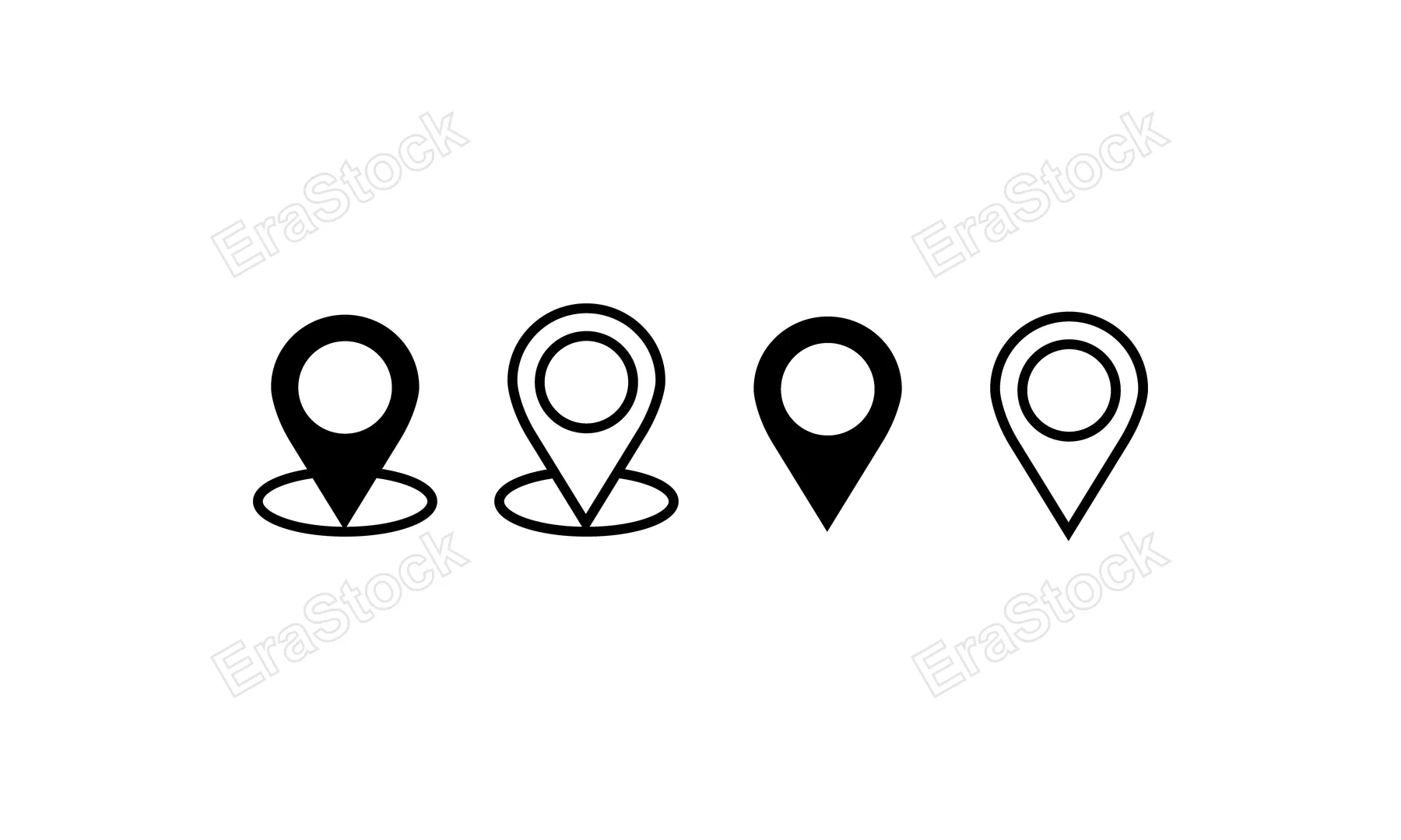 A set of four distinct map marker icons, showcasing variations in style and fill for location representation