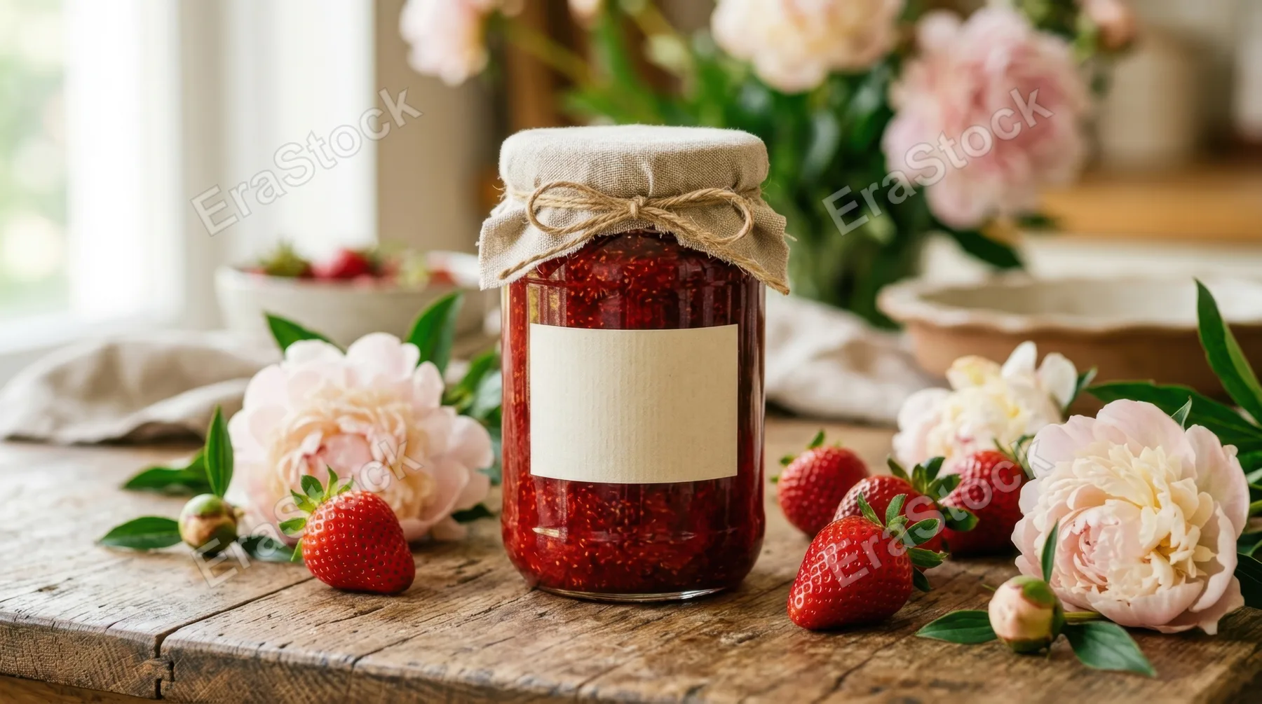 an intimate detail shot focusing on the blank-label strawberry jam jar, emphasizing its inviting hue and texture, surrounded by softly arranged peonies and fresh