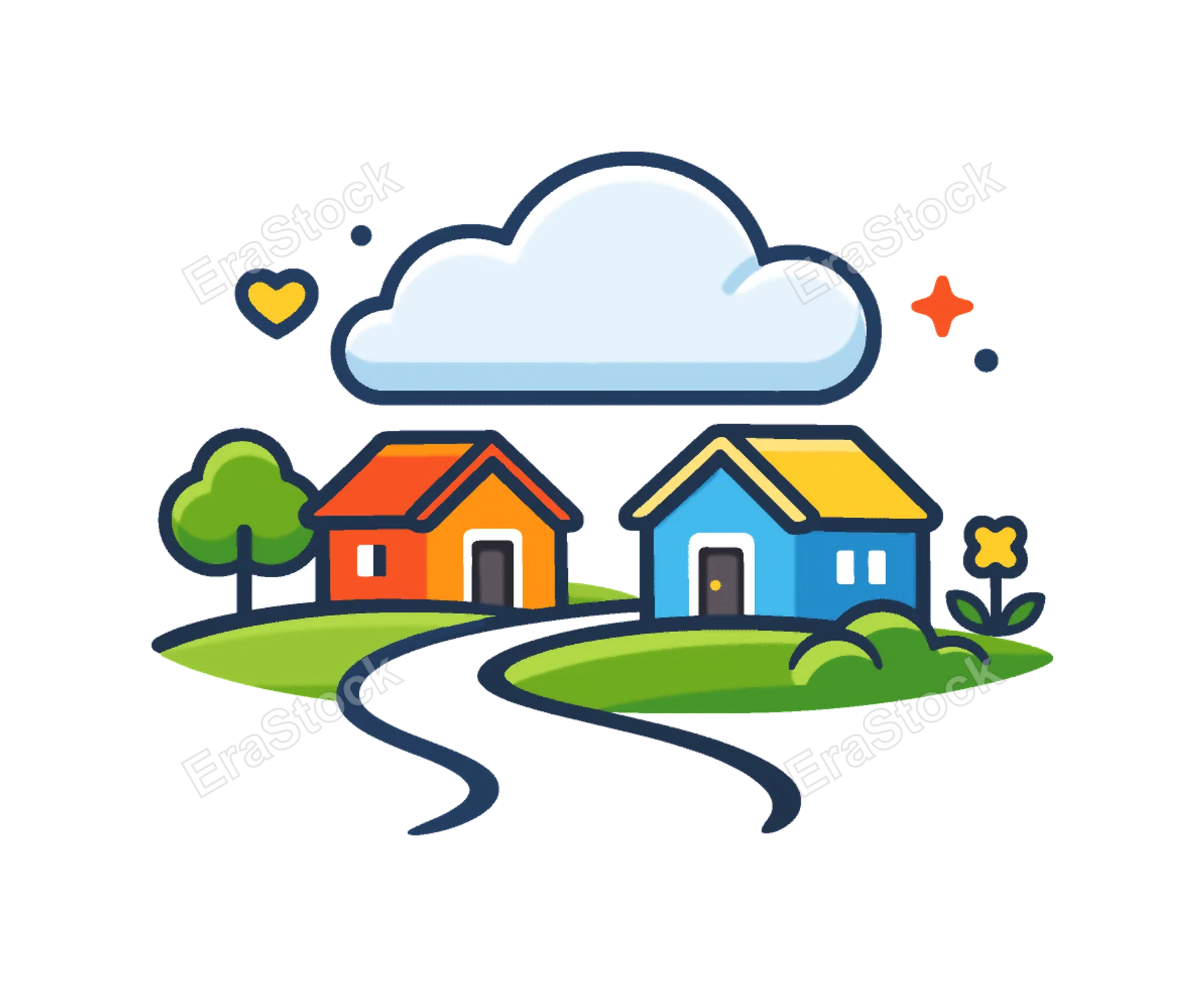 Local community life and harmonious outdoor recreation in a quiet countryside setting centered on relaxation and belonging, two tiny village houses near a curved pathway and simple