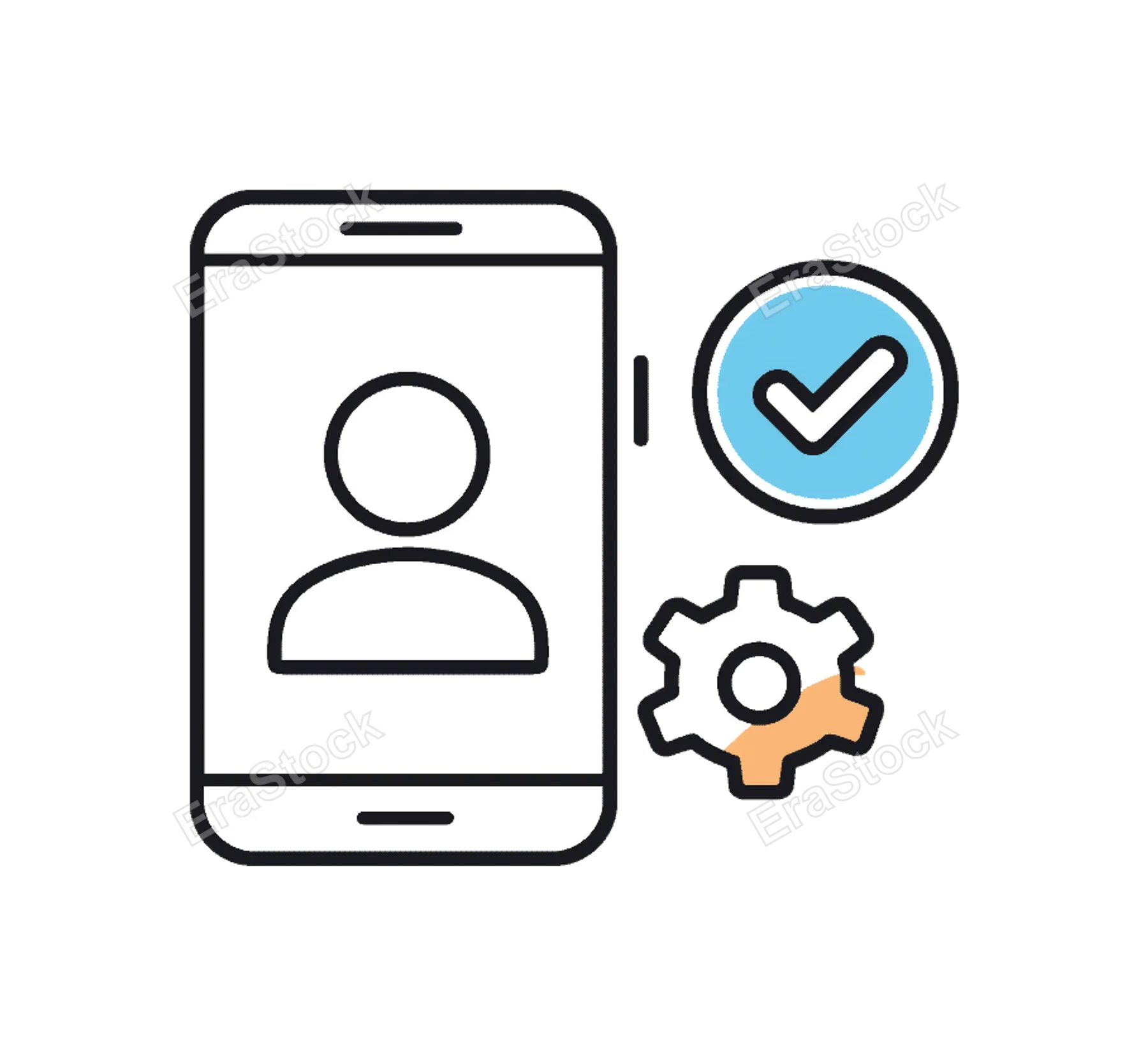 Digital onboarding and smooth user registration process in a modern online service environment, a smartphone displaying a simple user profile icon beside a checkmark badge and a