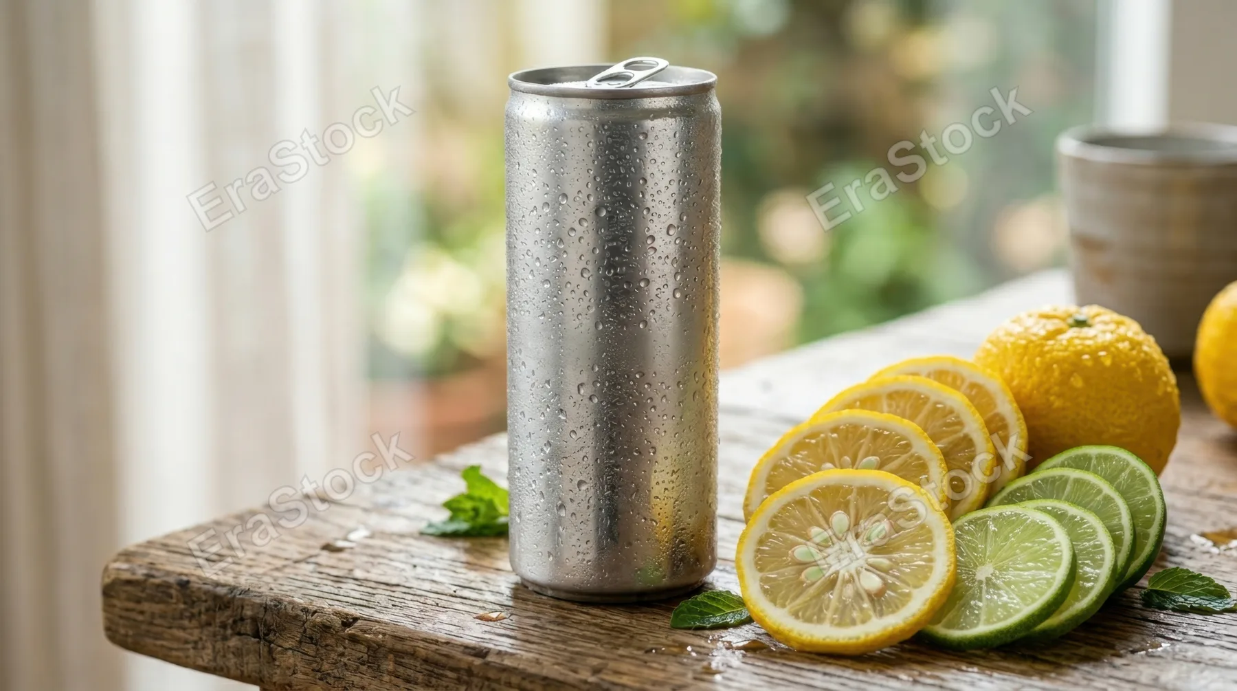 a close-up detail of the condensation on the slim can, with fresh slices of yuzu and lime artfully arranged beside it on the wooden surface. the soft north-facing window