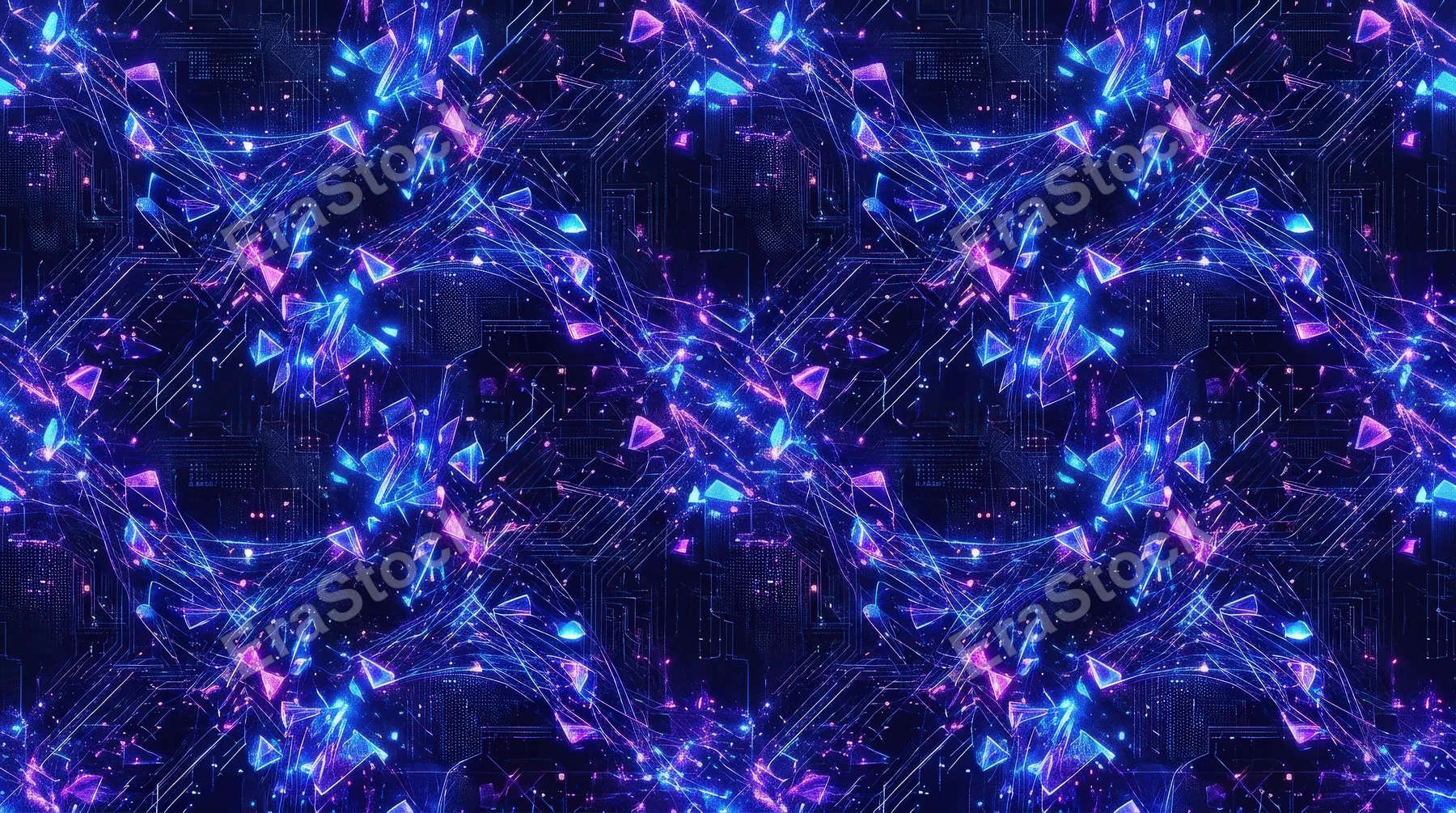 A seamless digital pattern of glowing fragments and lines in blue-purple tones, layered cyber texture with virtual-space energy, ultra-realistic, no logos.