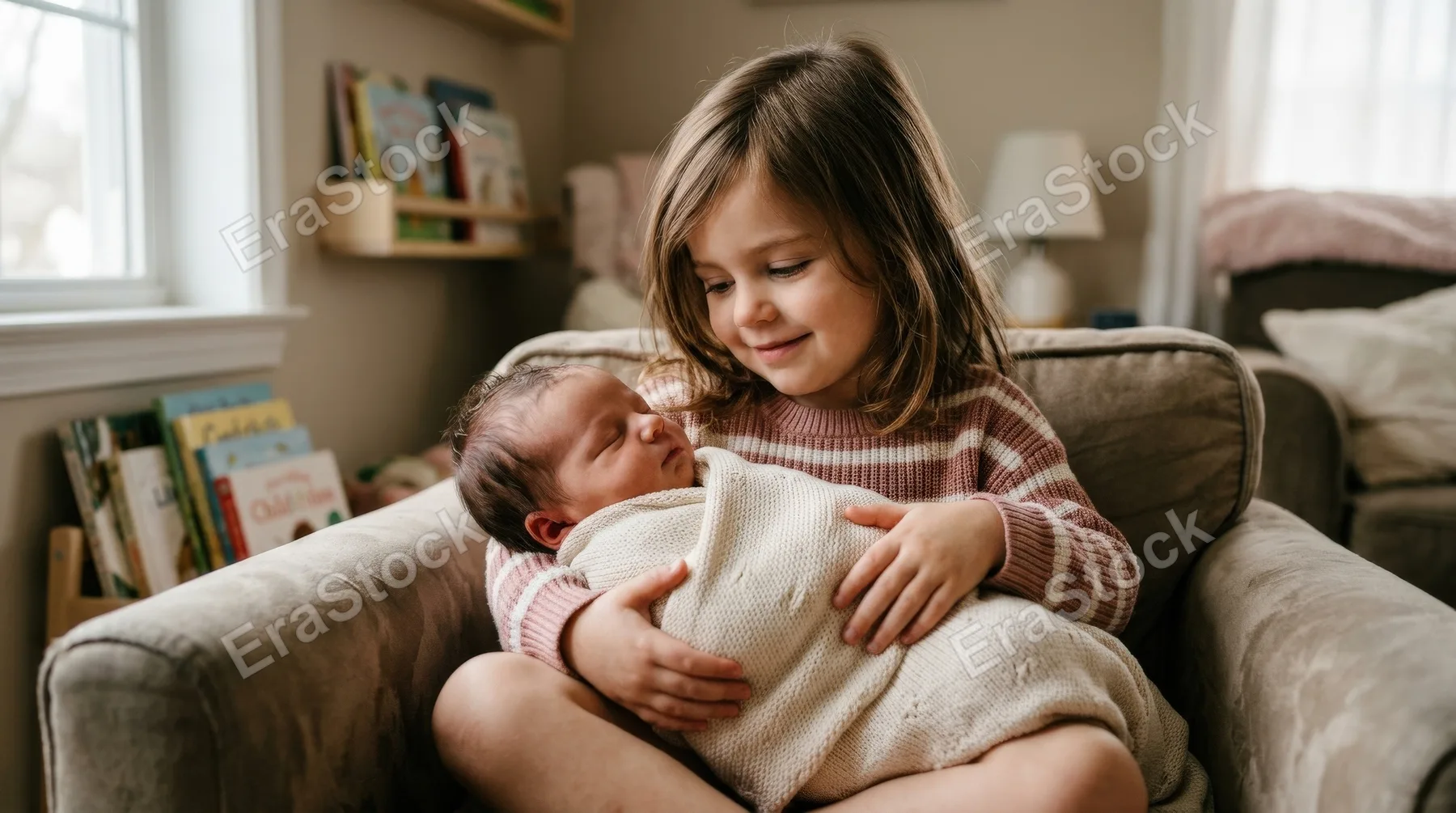 A young girl holding her newborn sister, tender sibling closeness, gentle indoor light and soft emotional warmth, ultra-realistic, no logos.