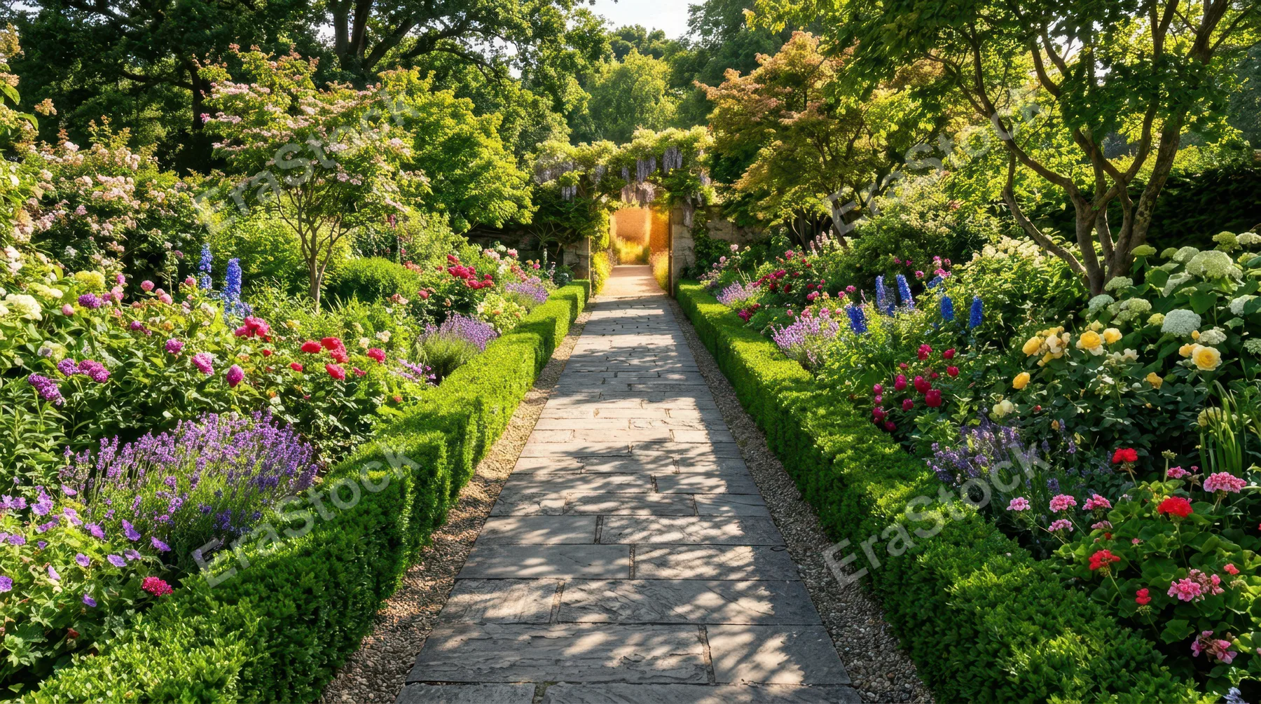 A straight garden pathway bordered by precisely trimmed hedges and flowering bushes in full bloom, strong directional sunlight creating geometric shadows on the path