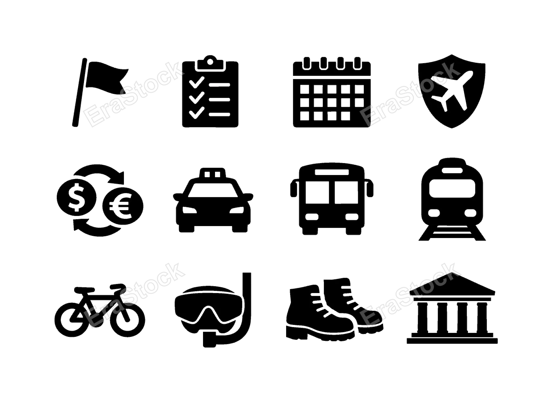 Travel services and activities: tour guide flag, itinerary checklist, booking calendar, travel insurance shield, currency exchange, taxi cab, bus transport, train front,