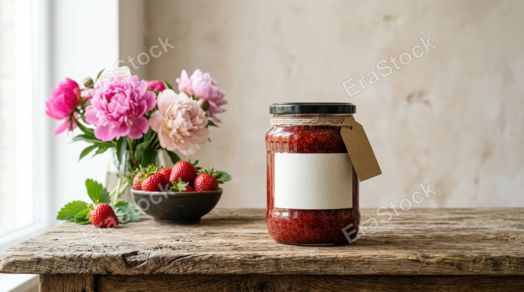 a graphic commercial composition focuses on the blank-label strawberry jam jar against the weathered wood table, with ample negative space around it inviting practical