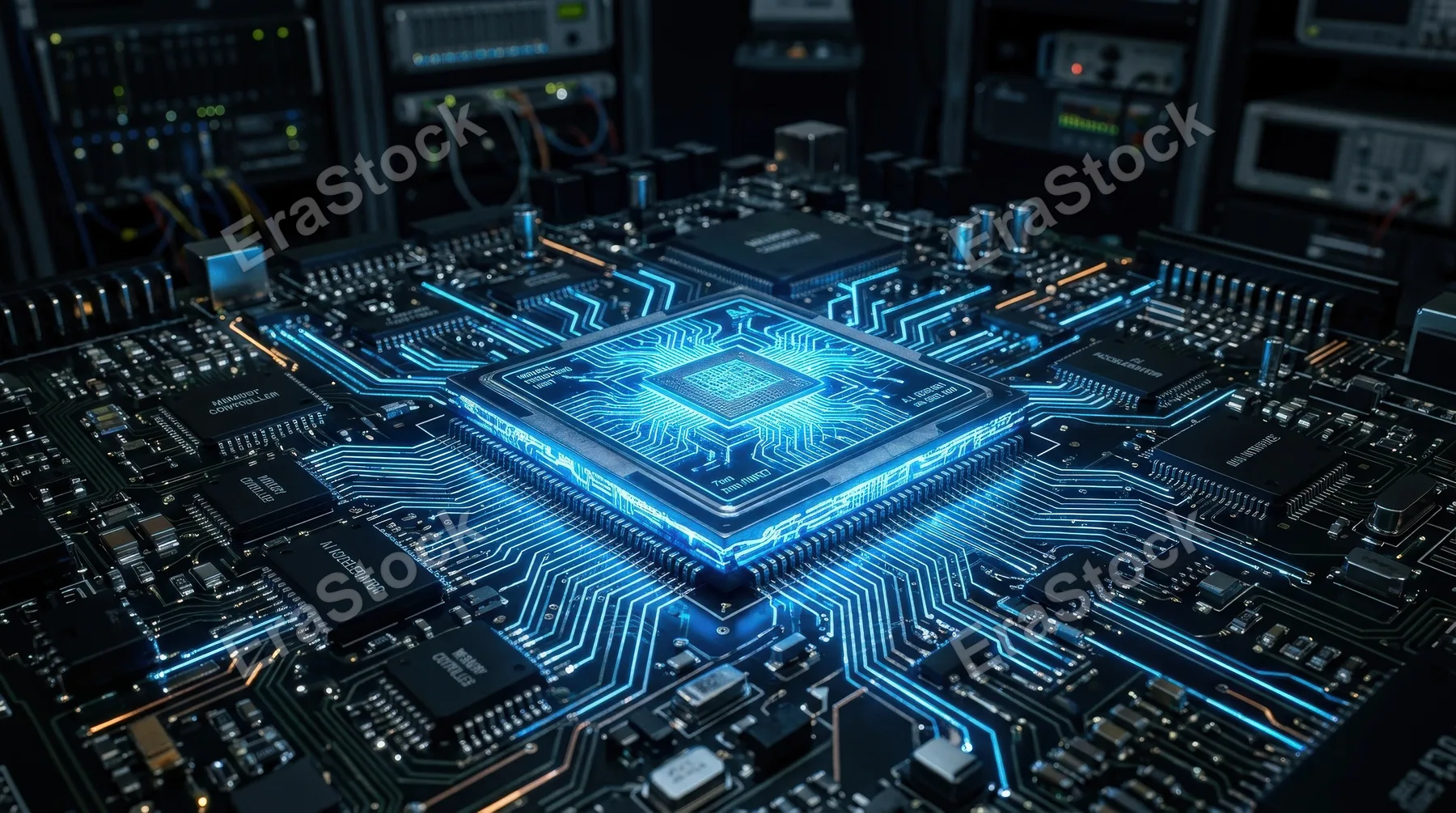 An advanced artificial intelligence processor on a circuit board with glowing connections, intricate microchips, electric blue highlights, dark technical background, atmosphere of innovation and