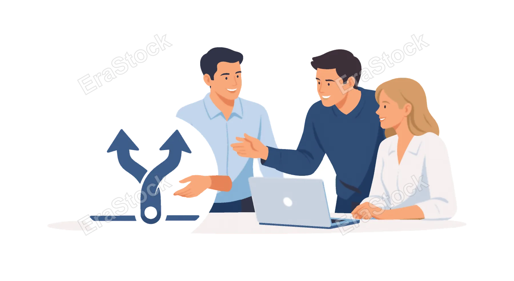 A team strengthening shared alignment during a collaborative planning discussion, gathered near a laptop while interacting with a simple unified path symbol beside it,