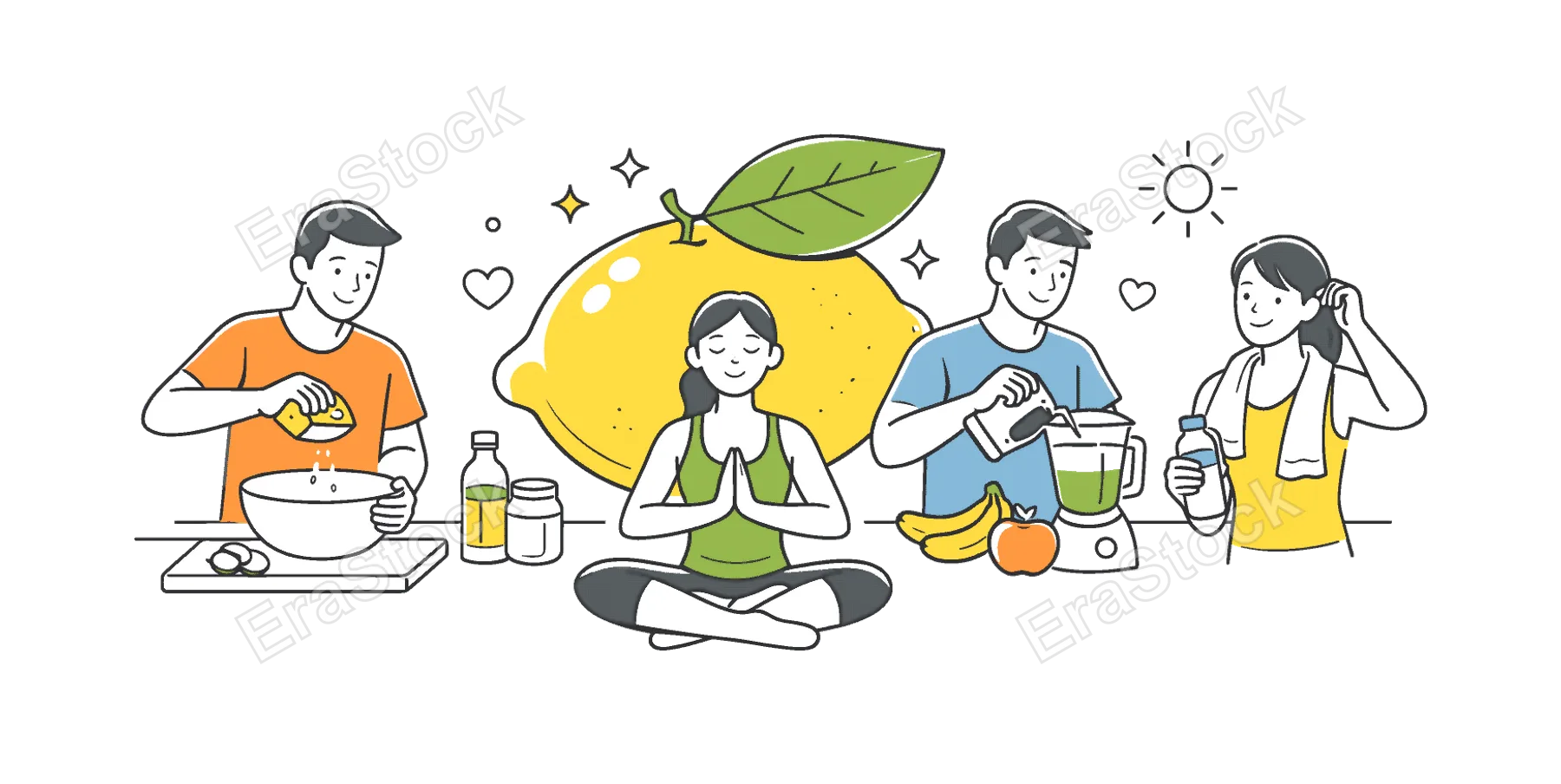 A fresh and healthy lifestyle concept where people incorporate natural ingredients into daily routines such as cooking and wellness practices, using a simple lemon and a single