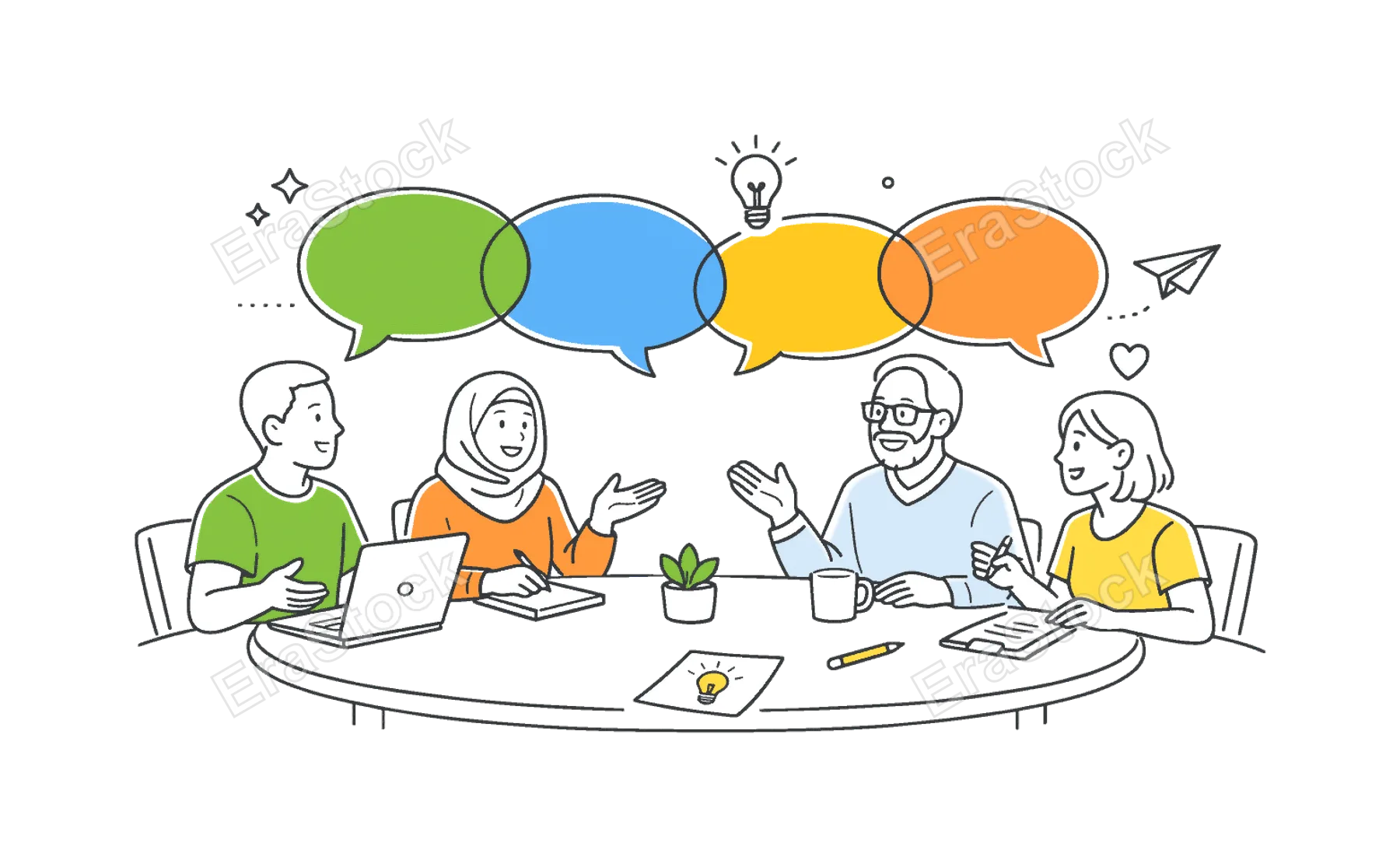 Inclusive meeting collaborative workplace scene showing a diverse group of people participating equally in a discussion and sharing ideas in a respectful environment,