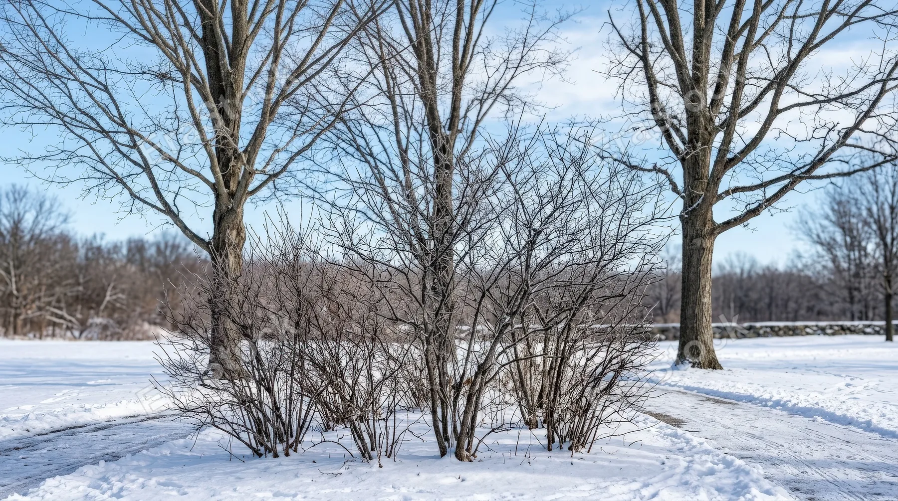 Leafless winter shrubs and street trees arranged in a frontal isolated composition, crisp branches and bright daylight defining a calm dormant landscape, ultra-realistic, no logos.
