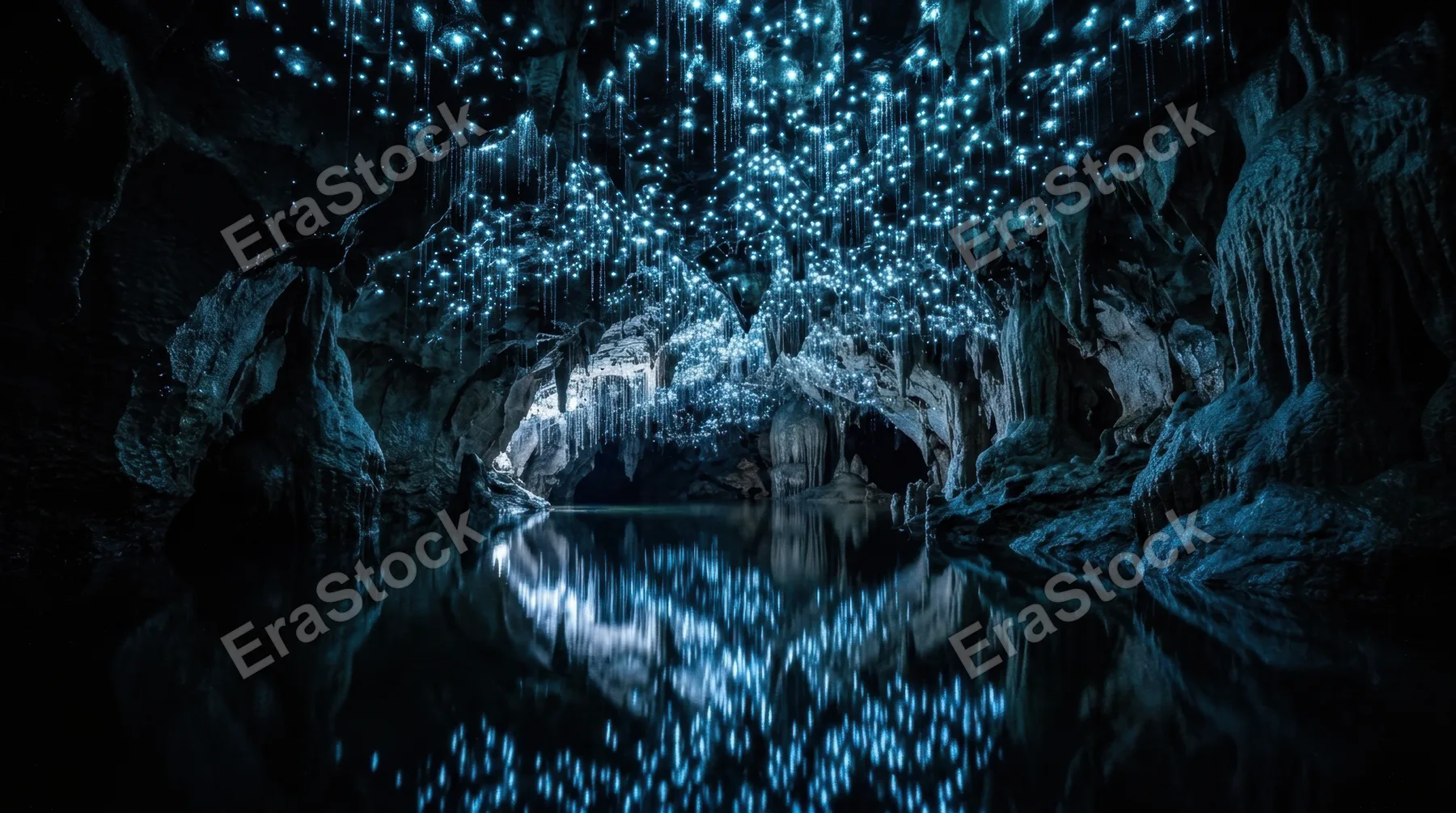 An ancient cave system interior illuminated only by clusters of glowworm bioluminescence, thousands of tiny blue-white lights covering the stalactite ceiling like an