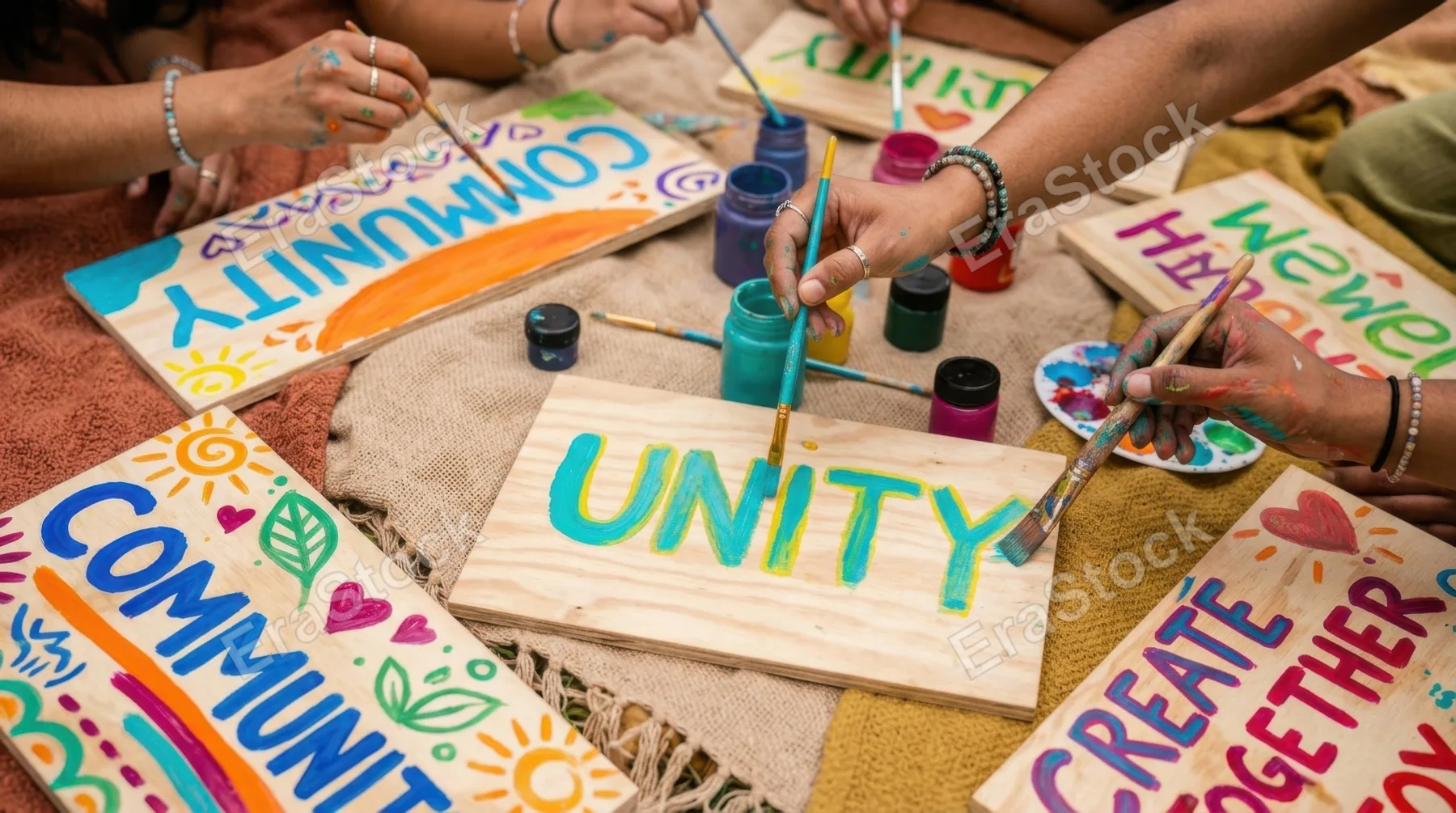 a close-up of the hands of friends as they paint bright, colorful signs with joyous expressions, capturing the essence of community and creativity among the group. the
