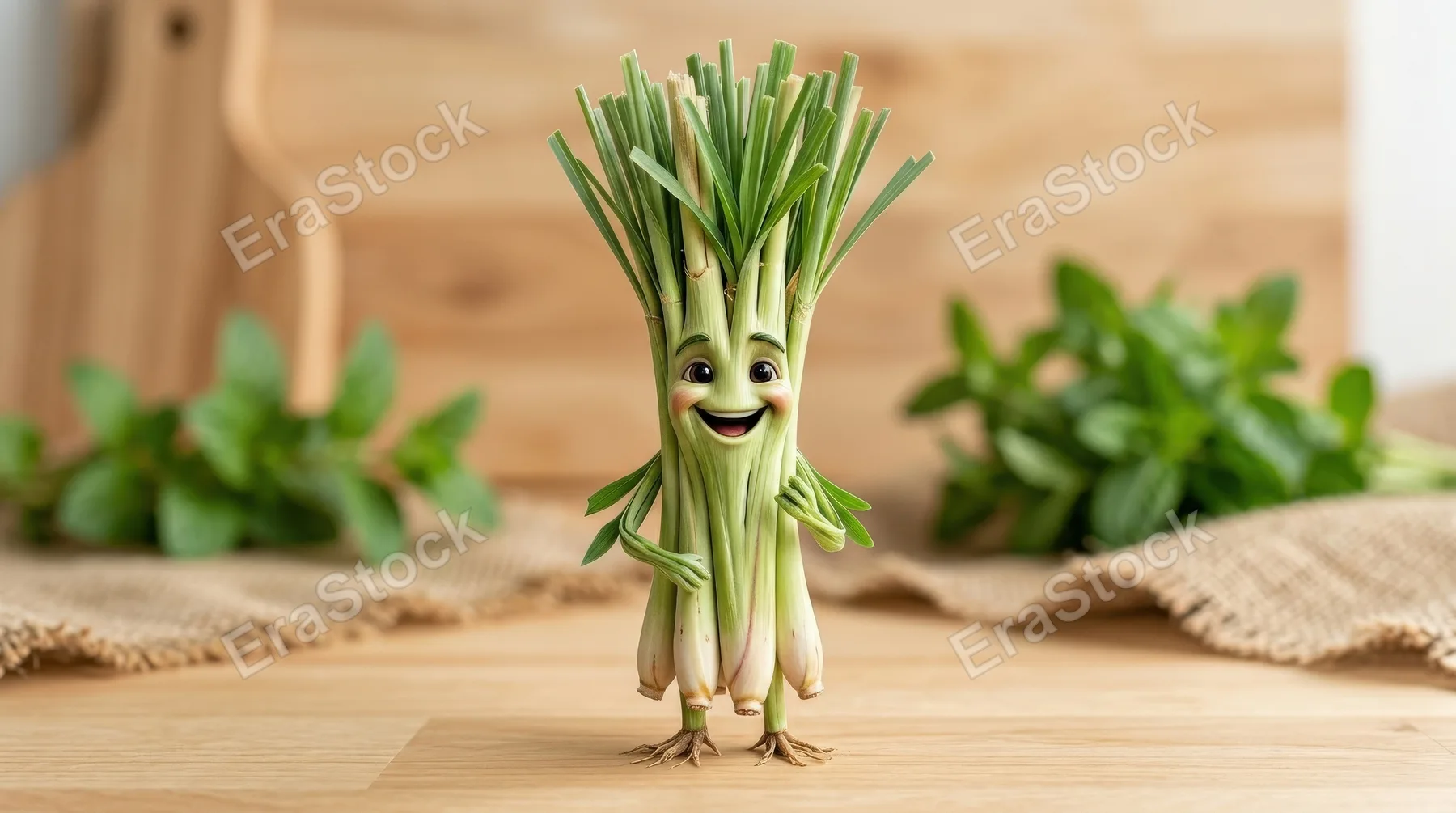 A lemongrass character with fresh green stalks, lively face and vegetable-inspired personality, clean produce-themed setting with playful natural charm, ultra-realistic, no logos.