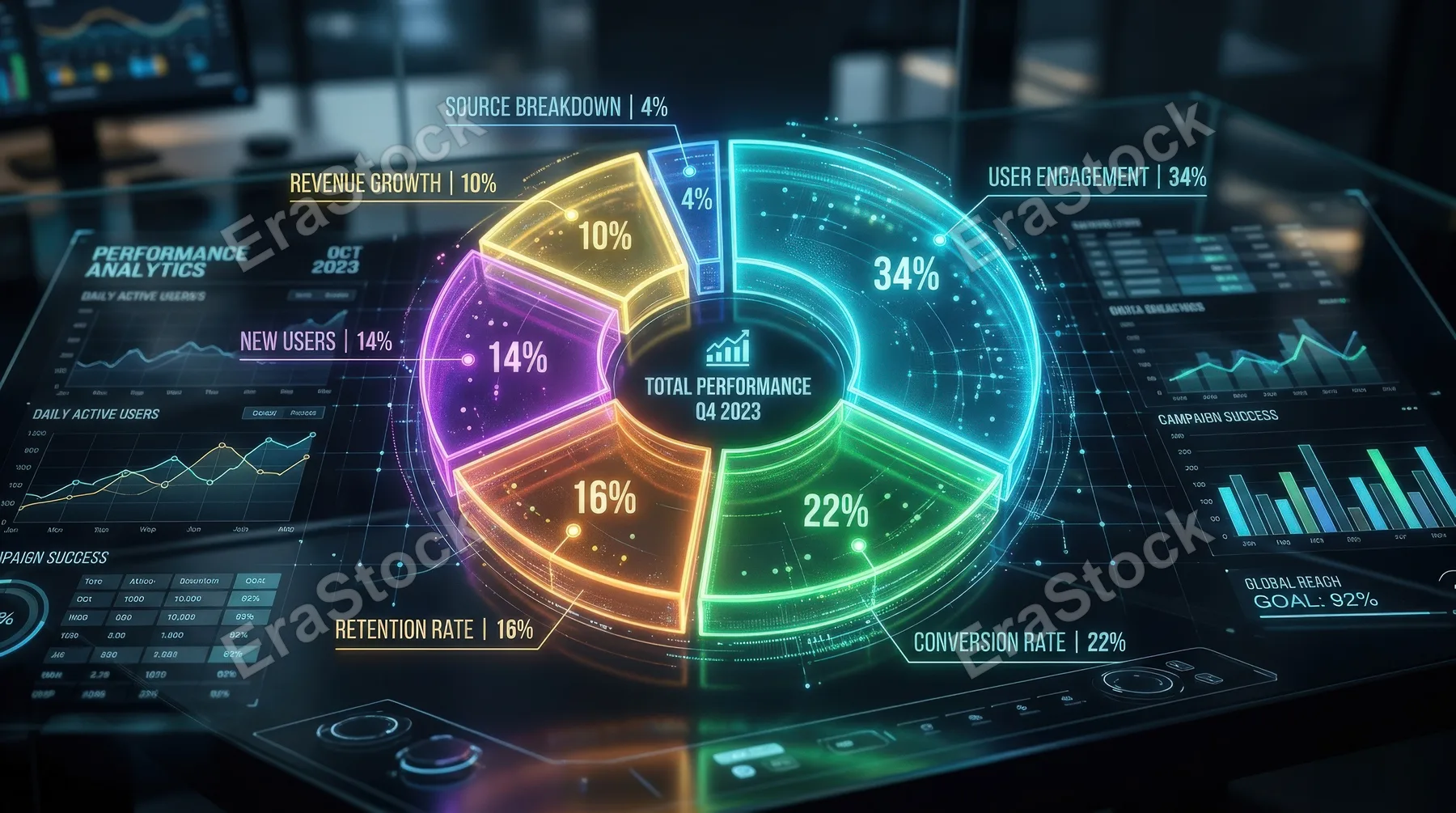 A circular futuristic pie chart diagram with luminous segments, analytics dashboard styling and clean data-visualization precision, ultra-realistic, no logos.