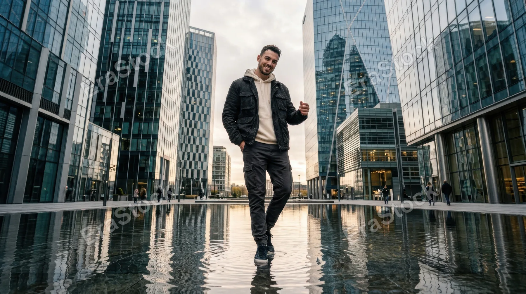 a low angle shot of the influencer framed against the urban plaza's reflections in shallow water, capturing the essence of his personality. the sleek build of modern
