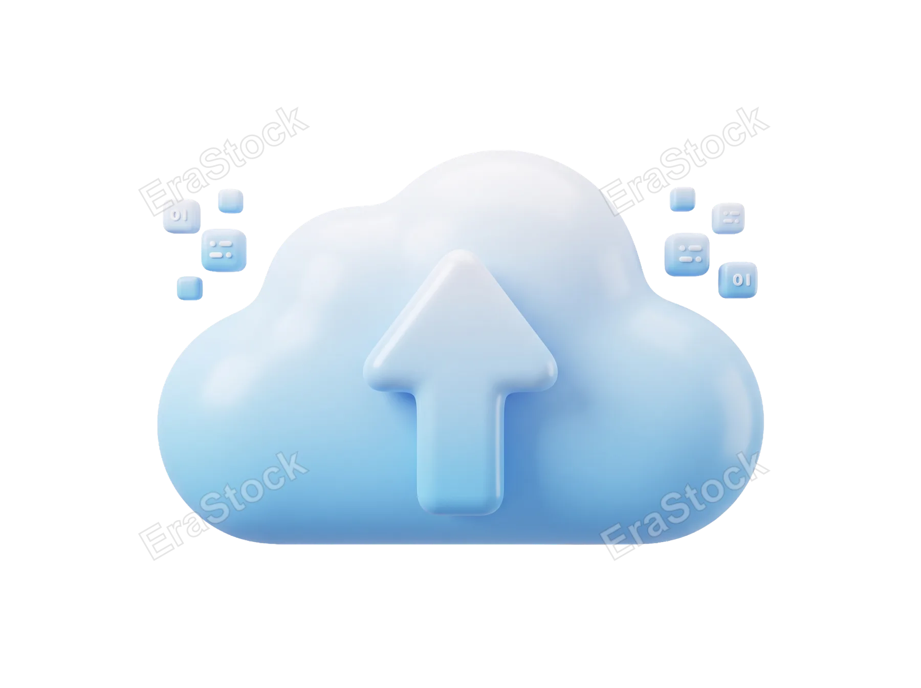 A 3D rendered cloud symbol with an upward arrow indicating upload, surrounded by small cubes with binary code