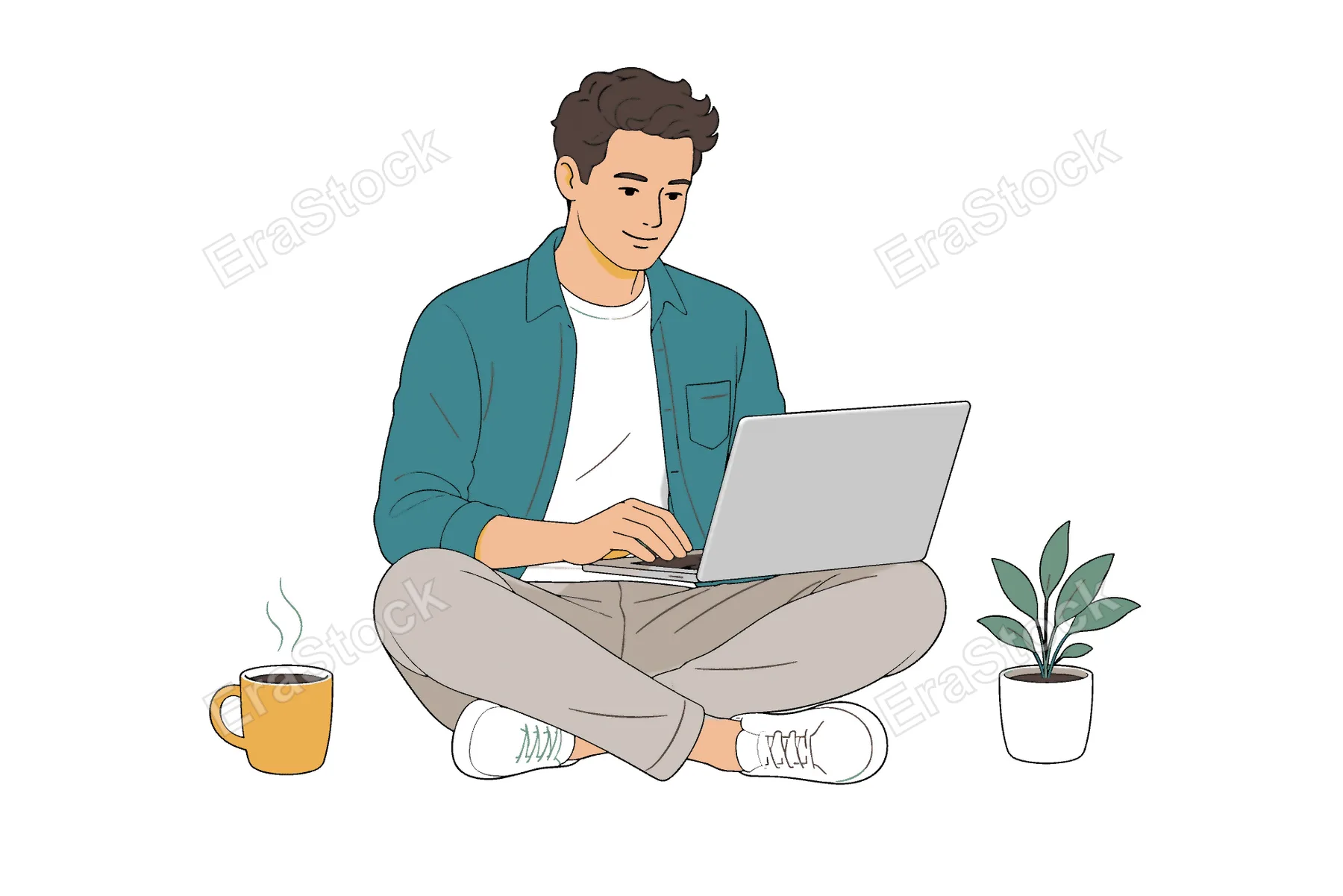 A man in casual attire is focused on his laptop, enjoying a warm beverage and a small potted plant nearby, embodying a relaxed work-from-home atmosphere