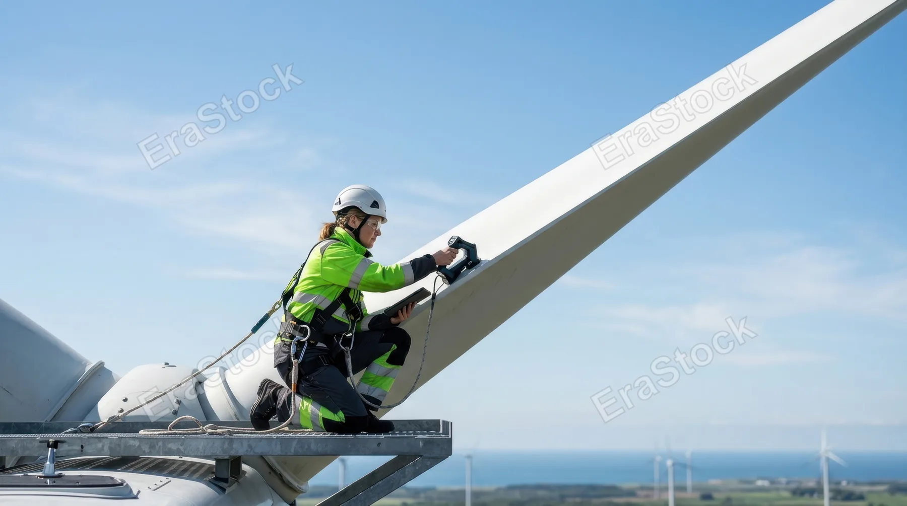 an advertisement-style composition featuring the technician inspecting the wind turbine blade, set against a generous negative space emphasizing safety and