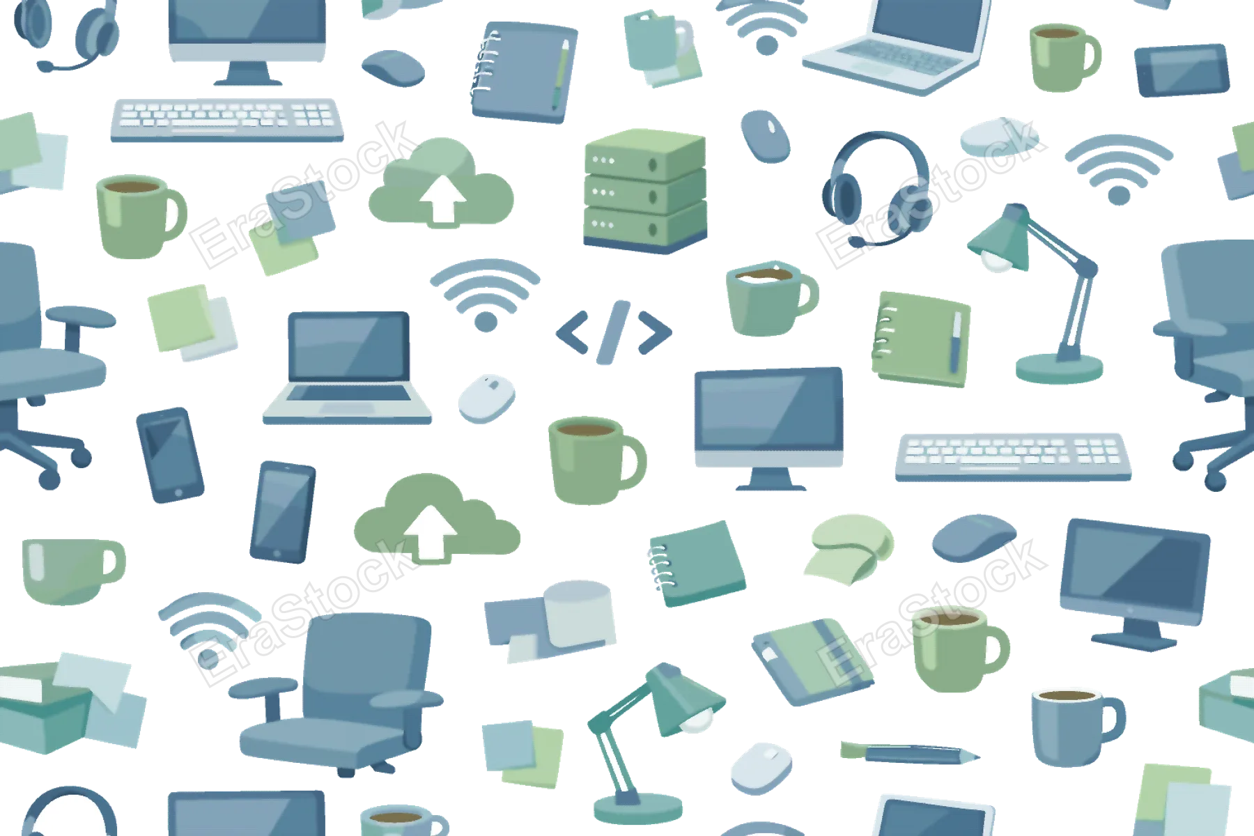 Tech startup workspace seamless pattern for productivity and digital business concepts featuring desktop computer, laptop, keyboard, mouse, smartphone, headset, wifi icon, server