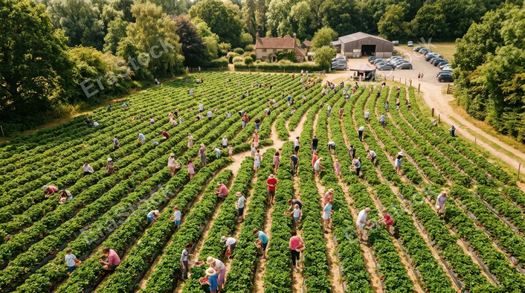 a bird's-eye view of a vibrant pick-your-own strawberry field filled with families joyfully harvesting ripe strawberries under the warm sunlight. the composition captures