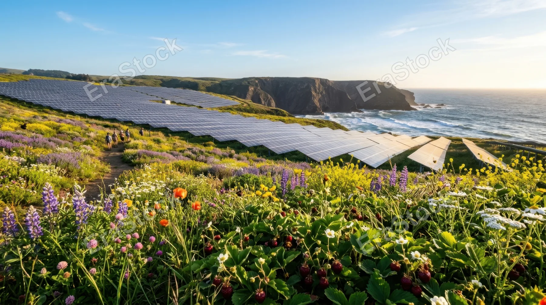 an expansive view of solar panels arranged in neat rows, surrounded by flourishing pollinator habitats filled with vibrant wildflowers and greenery, illuminated by golden