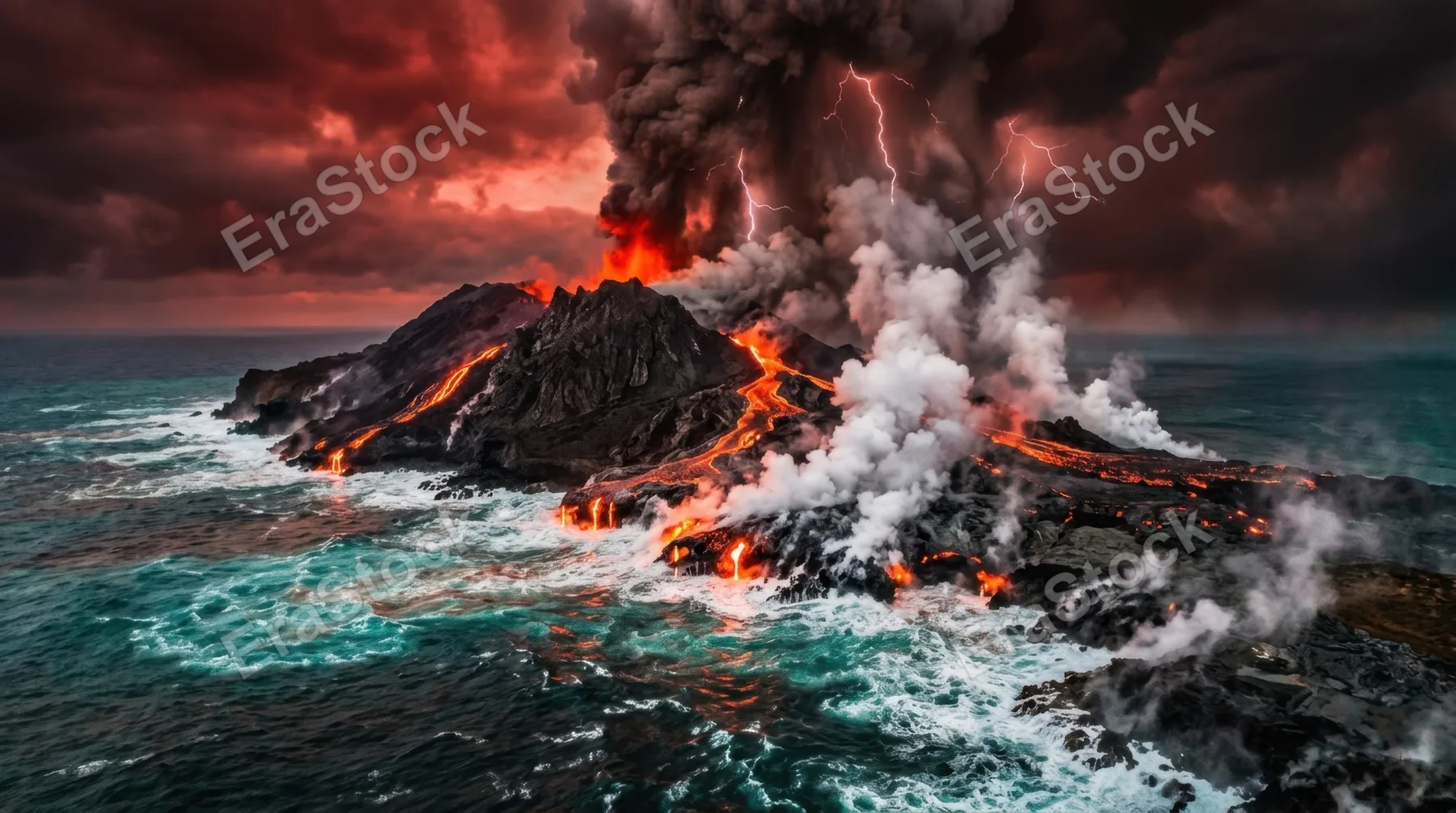 A primordial volcanic island emerging from the ocean mid-eruption, rivers of glowing orange lava meeting cold seawater in explosive steam columns rising hundreds of
