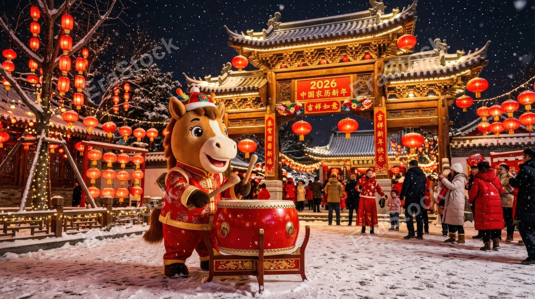 A Chinese New Year 2026 scene with a cute horse mascot playing a red drum near a snowy traditional gate and glowing lanterns, festive red palette, joyful holiday atmosphere, ultra-realistic, no logos.