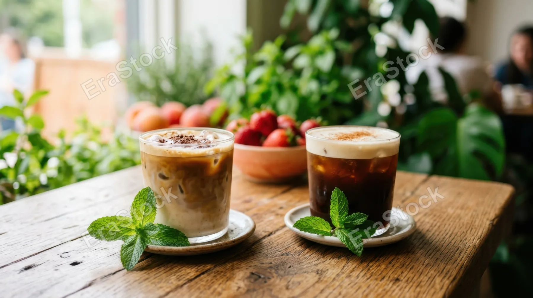 a tight focus on a beautifully arranged wooden table adorned with artisanal iced coffee drinks and a few sprigs of mint beside each cup. the fresh peach tones of the