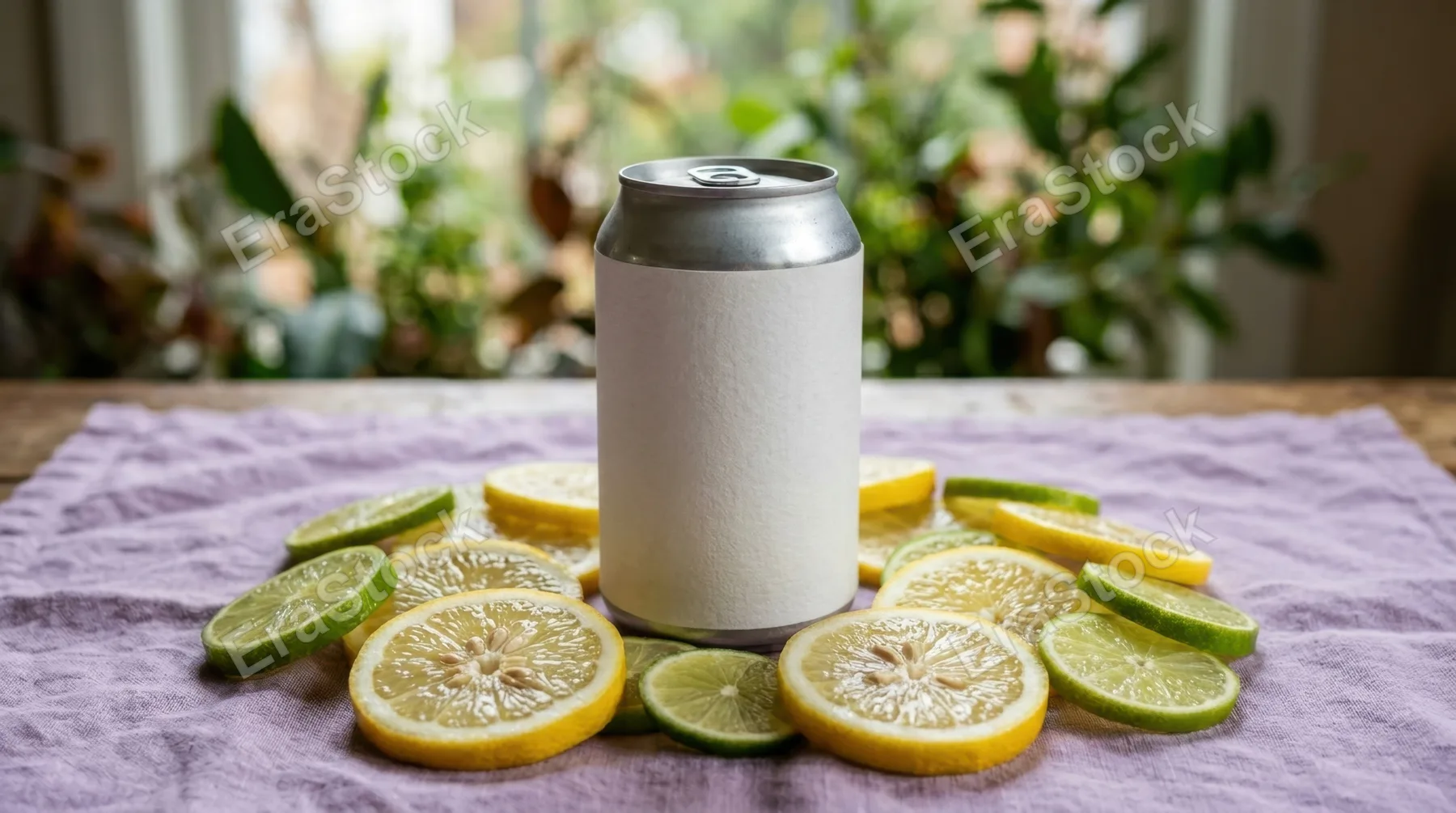 an intimate detail shot focusing on the textured label of a blank beverage can at the center of a table, surrounded by thin slices of vibrant lemons and limes. the soft