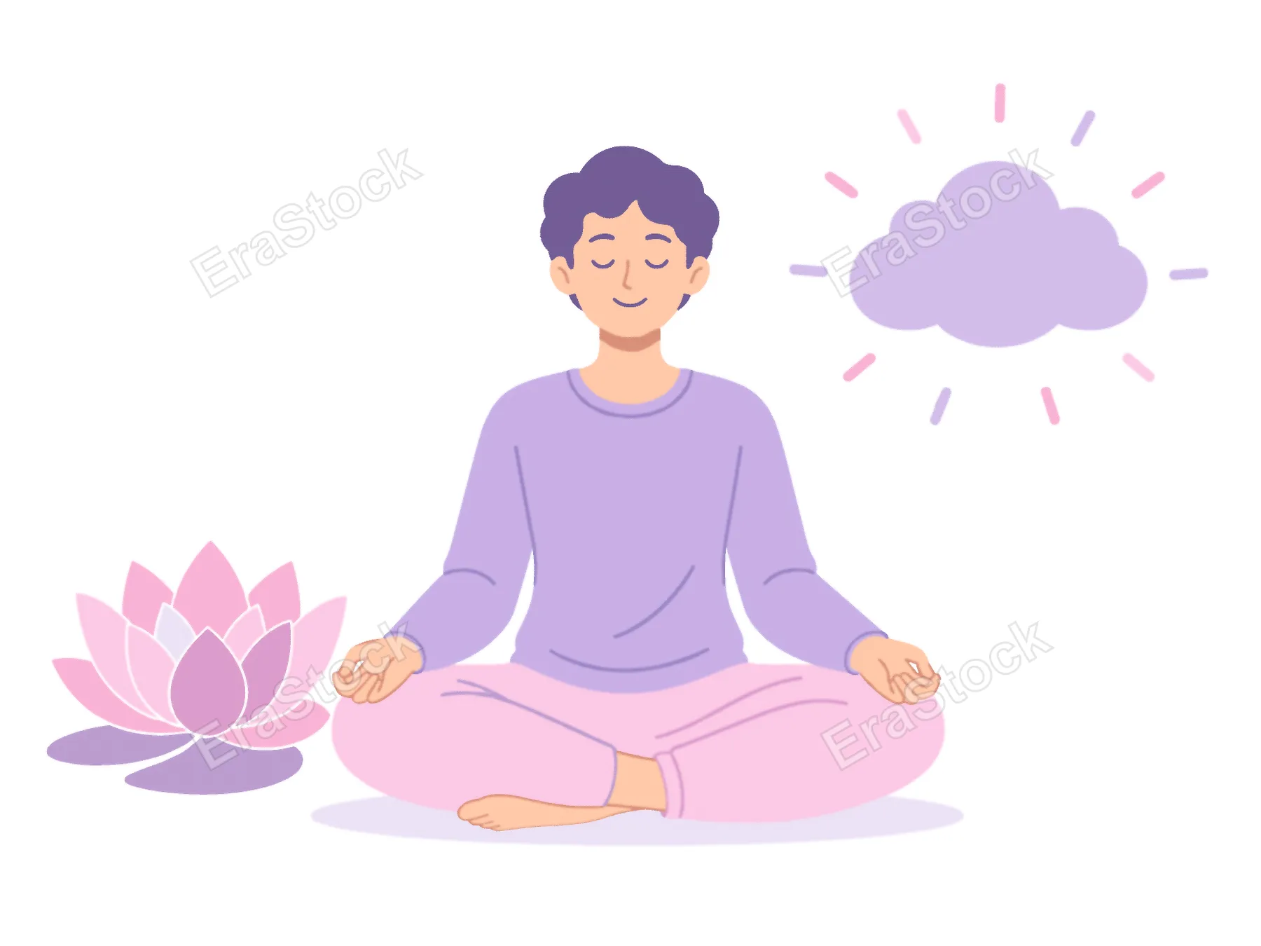 A person sits in a meditative pose, symbolizing inner peace and mindfulness, with a lotus flower and a serene cloud nearby