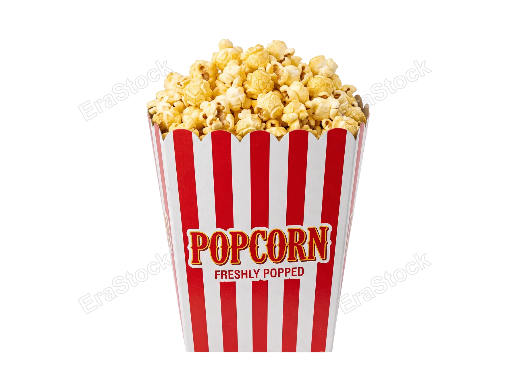 A full container of fluffy popcorn in a traditional striped box, perfect for movie nights or snacks