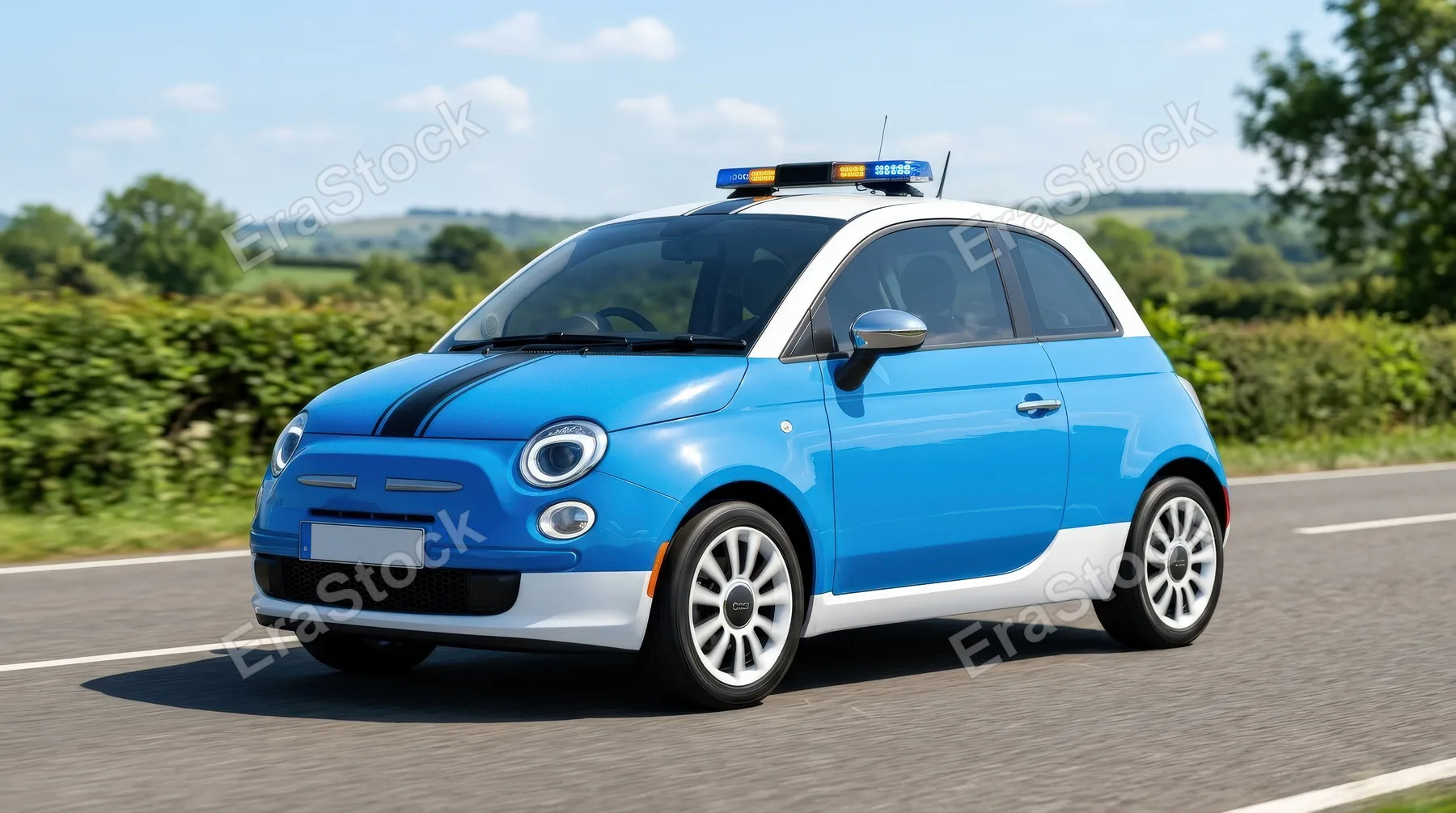 A cute blue and white car with a black stripe and rooftop light, rounded compact shape, playful clean styling, bright simple background, ultra-realistic, no logos.