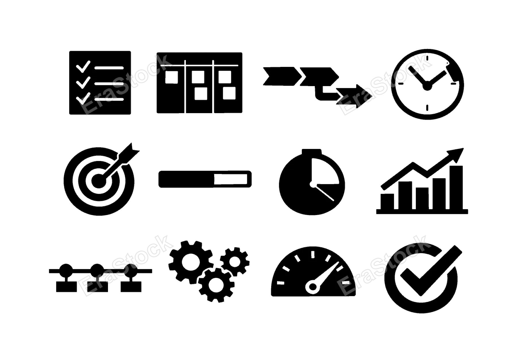 Work process and productivity: checklist, task board, workflow arrows, time tracking clock, goal target, progress bar, focus timer, analytics chart, project timeline,