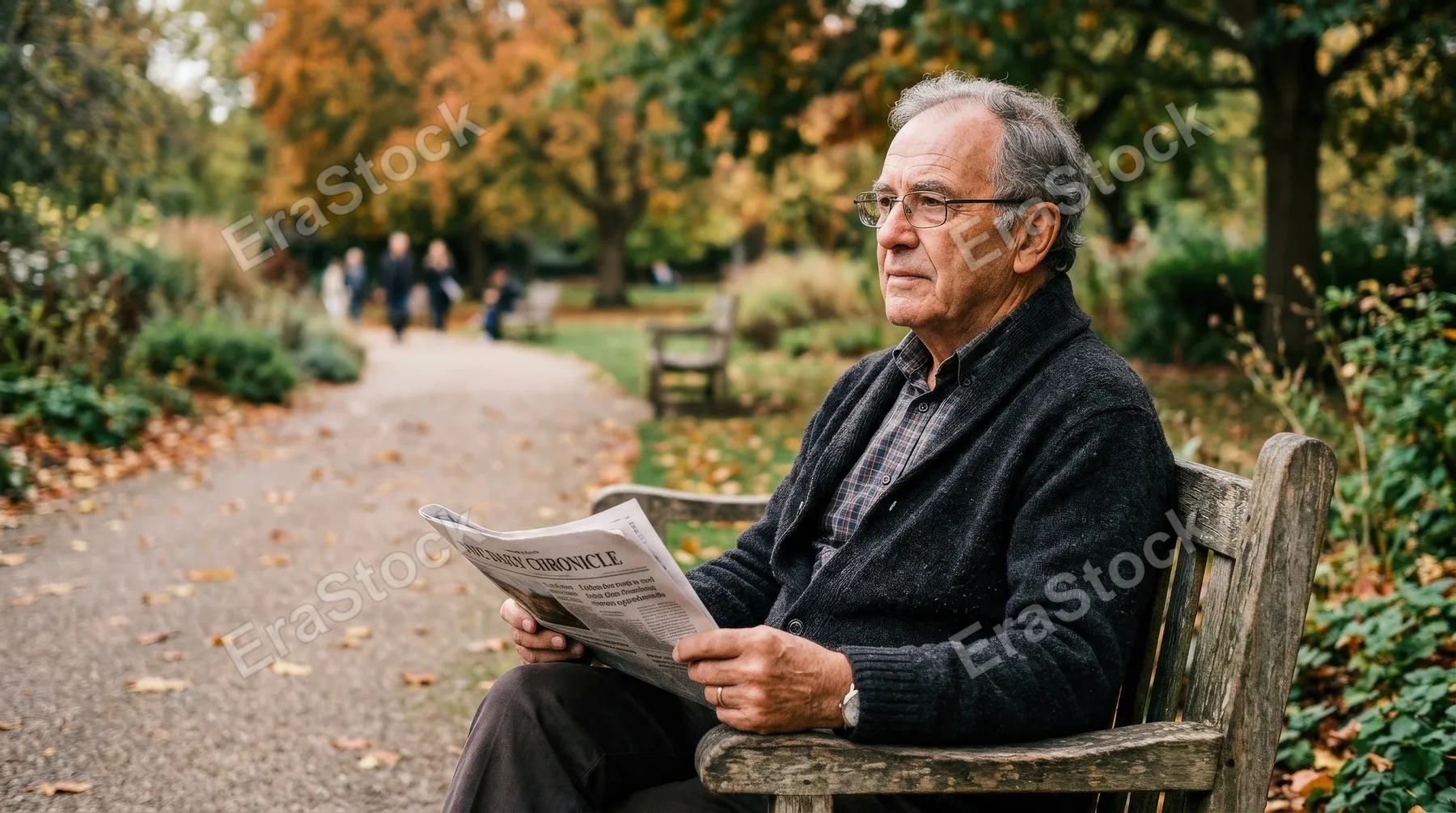 A senior man sitting on a bench holding a newspaper and looking away, quiet public setting, thoughtful expression, soft natural light, reflective atmosphere, ultra-realistic, no logos.