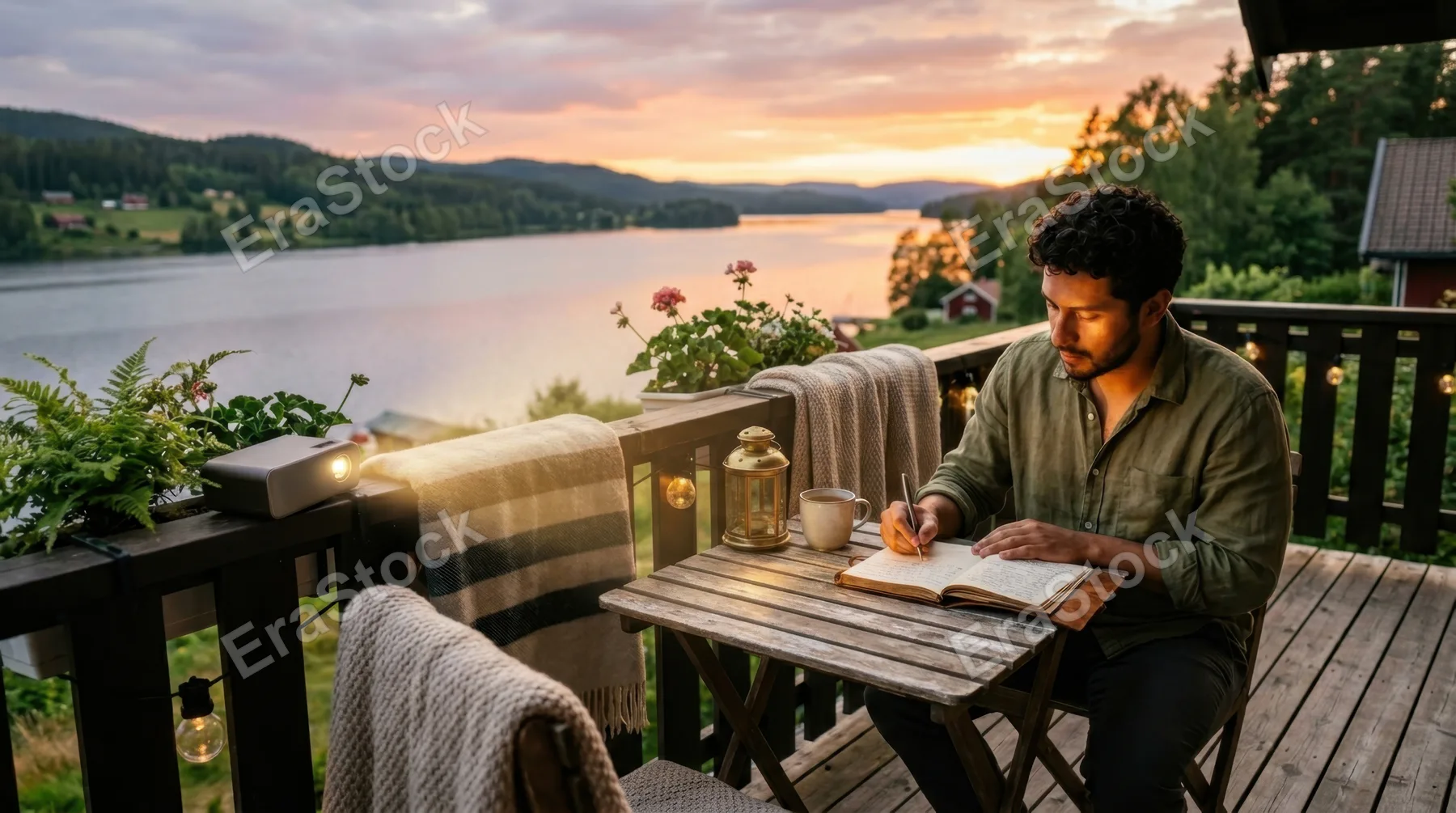 a serene balcony scene at sunset featuring a 29-year-old latino male practicing journaling at a small table, with a tranquil lakeside view in the background. the soft