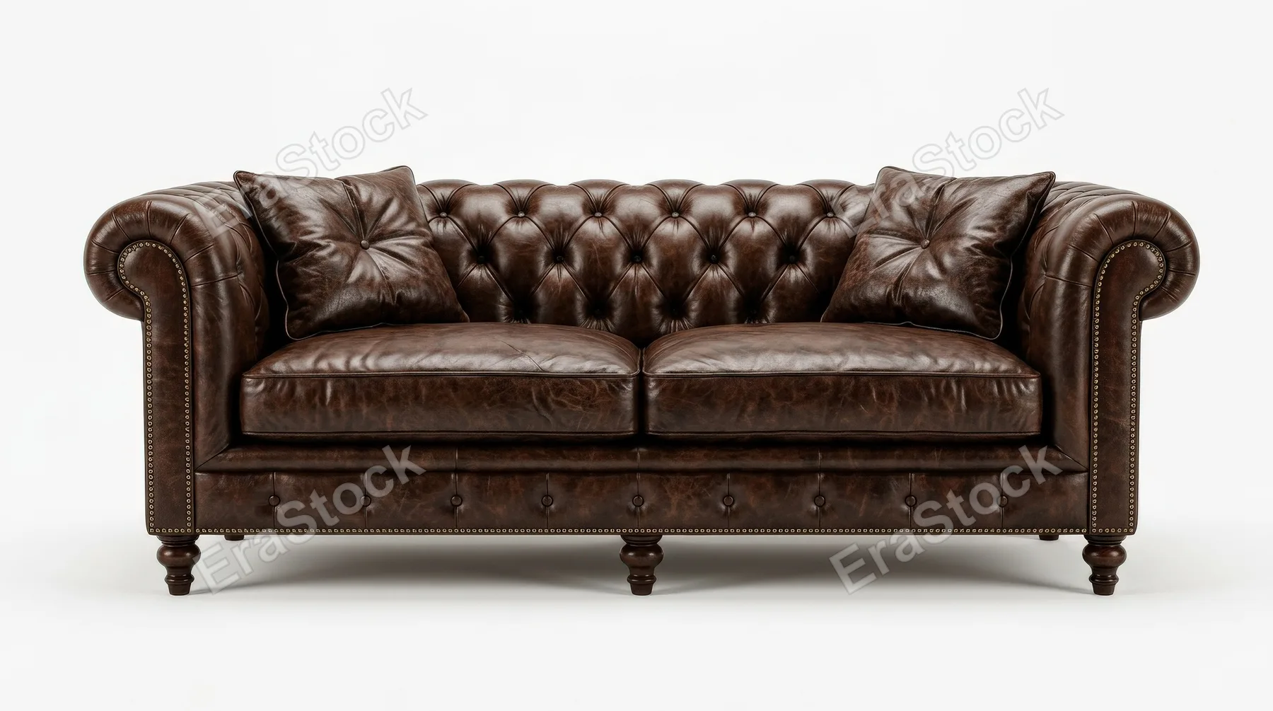 A luxurious dark brown leather chesterfield sofa with button tufting, nailhead trim, wooden legs, and two matching pillows on a white background, rich texture and classic grandeur, ultra-realistic, no