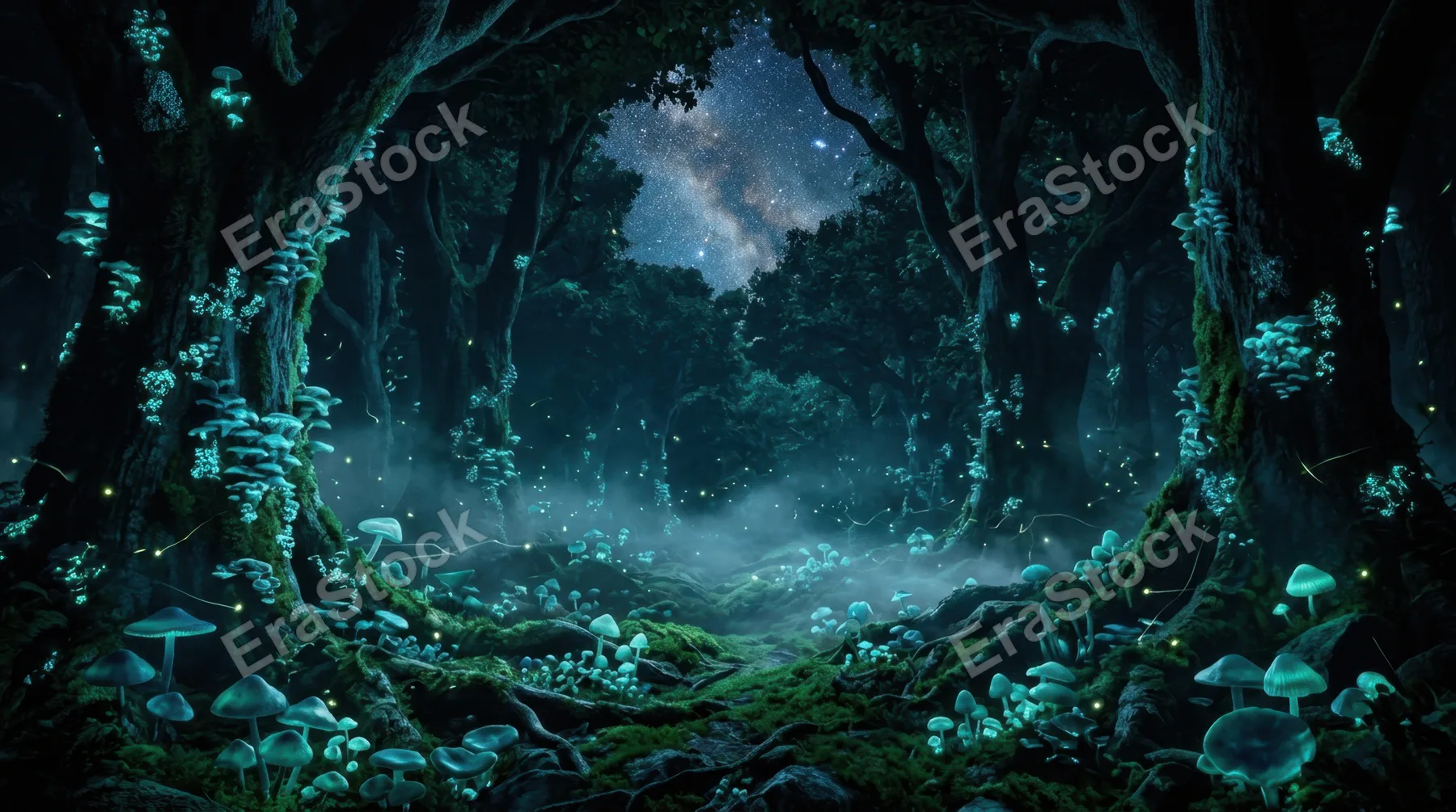 A dense bioluminescent forest at night, ancient tree trunks covered in glowing blue-green fungi emitting soft pulsing light, translucent mushrooms dotting the mossy