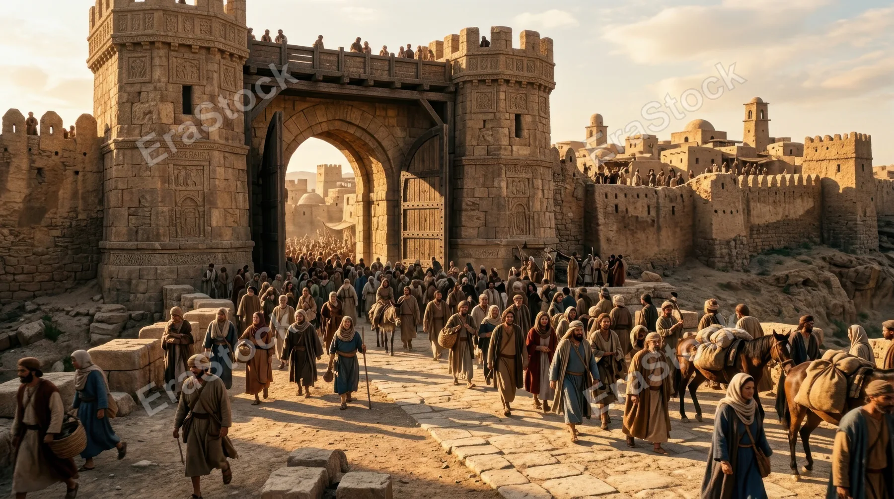 Grand ancient city entrance with large stone gates and crowds entering, figures dressed in simple historical garments, warm sunlight casting long shadows across the path