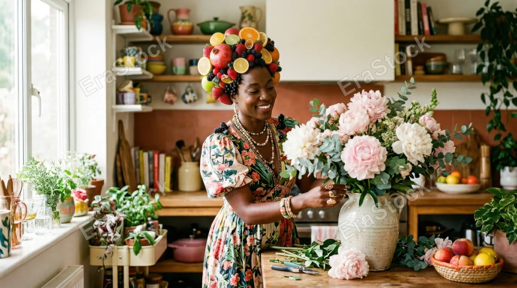 in a vibrant sunlit kitchen, a 30-year-old black female interior designer is creatively styled with her head resembling a fruit, blending seamlessly into her wardrobe
