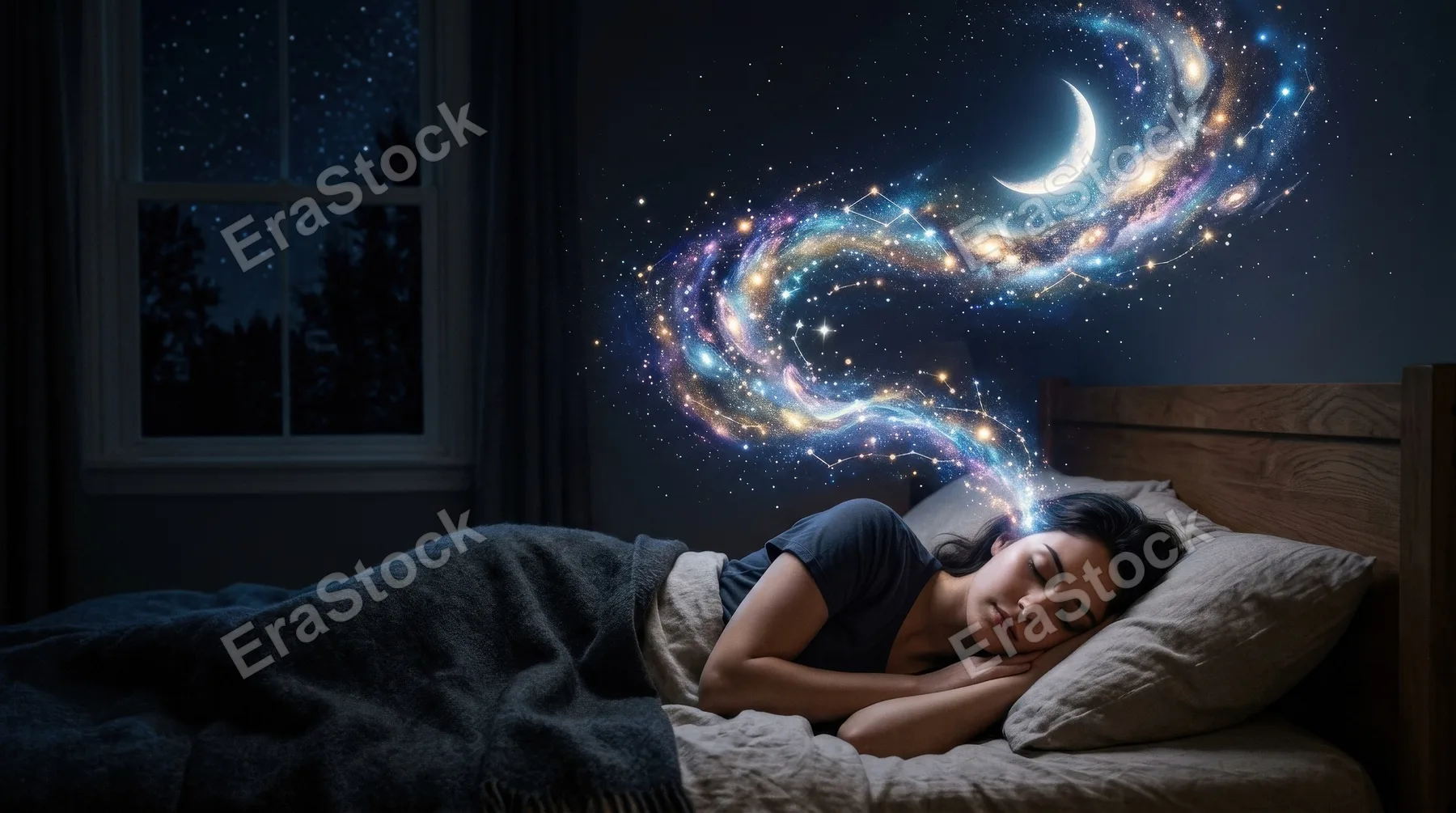 A surreal dreamscape with a crescent moon and swirling stars emerging from a sleeping person's head, soft night tones, poetic atmosphere, ultra-realistic, no logos.