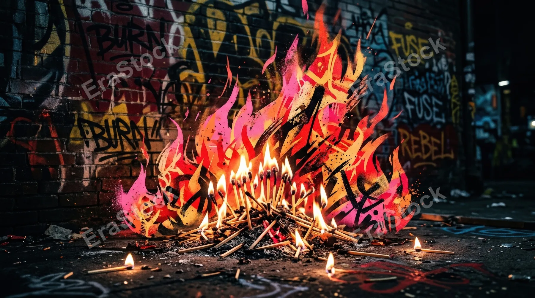 Stylized fire elements with graffiti texture, burning matches and pink-orange flames against a dark background, edgy urban energy, ultra-realistic, no logos.