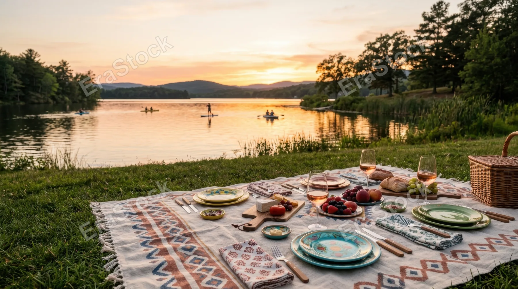 a graphic composition of an elegantly set picnic blanket with an assortment of colorful plates and utensils, featuring generous negative space for text overlay. the