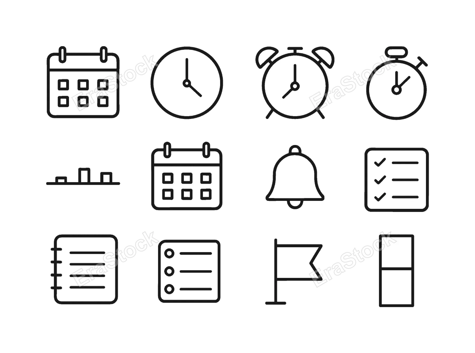Scheduling and time management: calendar, clock, alarm clock, stopwatch, timeline bar, date grid, reminder bell, checklist, planner notebook, task list, deadline flag,